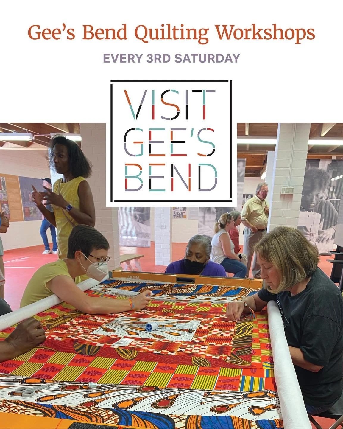 Join the Freedom Quilting Bee Legacy for a monthly quilting workshop led by Gee's Bend quiltmakers. Visitors learn how to design a quilt top and complete a full quilt block, guided by the makers who carry forward generations of artistic tradition.

W