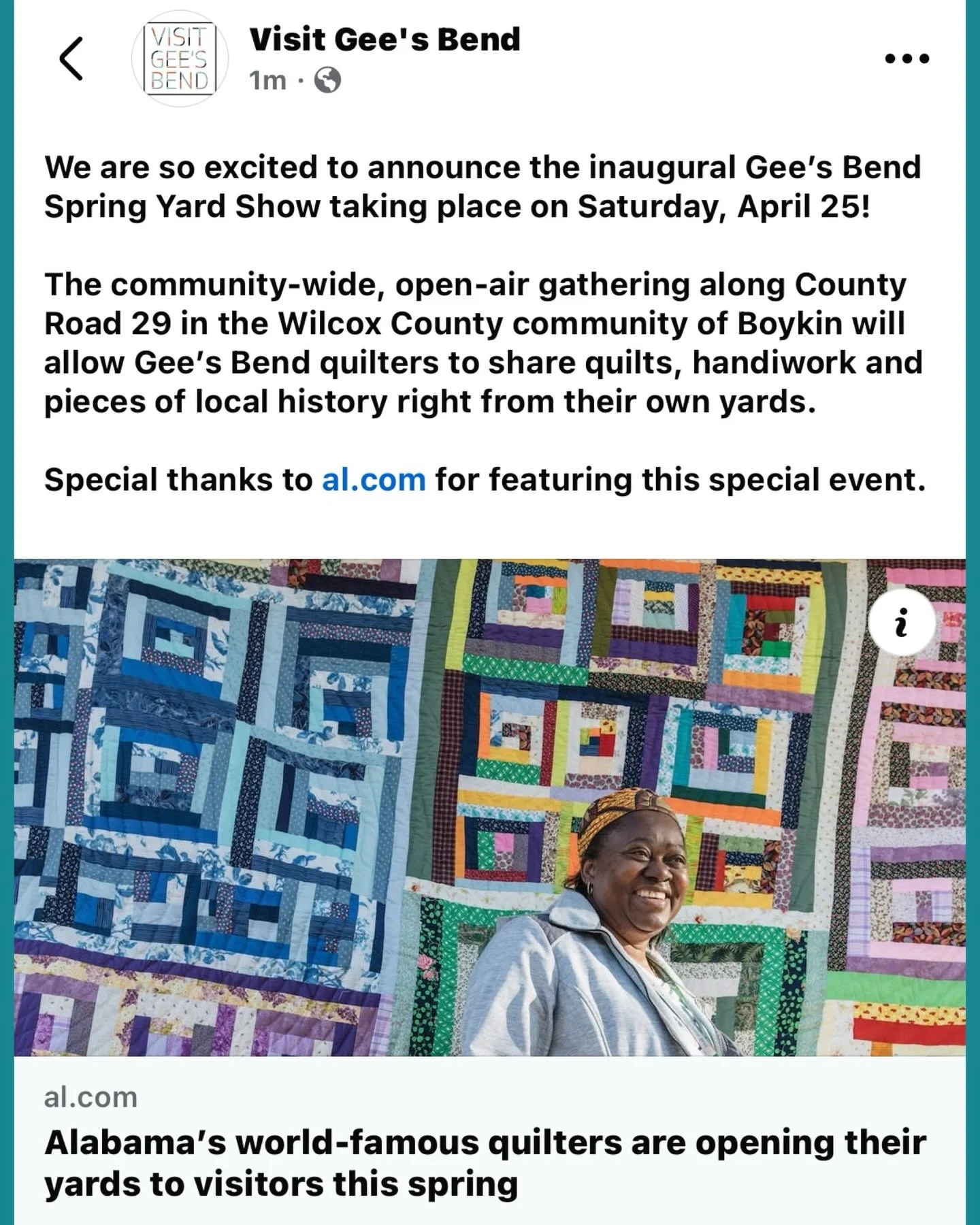 We are so excited to announce the inaugural Gee&rsquo;s Bend Spring Yard Show taking place on Saturday, April 25! 

The community-wide, open-air gathering along County Road 29 in the Wilcox County community of Boykin will allow Gee&rsquo;s Bend quilt