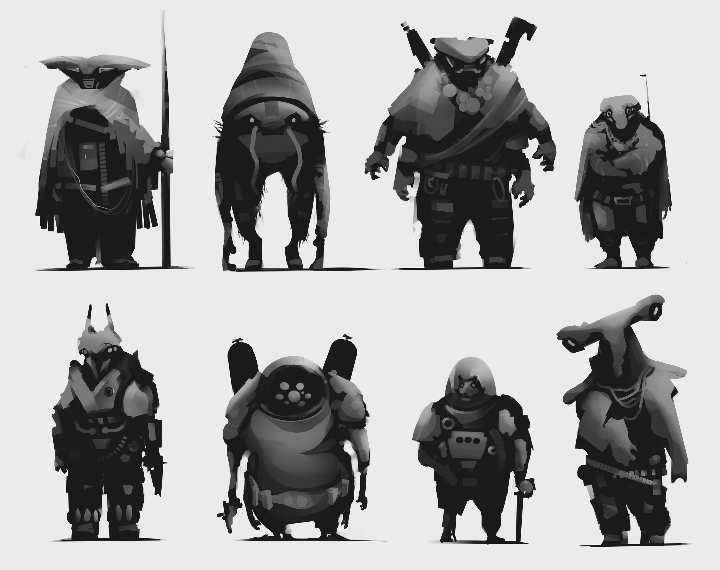 A collection of eight black and white digital illustrations of fantasy or sci-fi characters, each with distinct armor, clothing, and weapons, displayed in two rows.