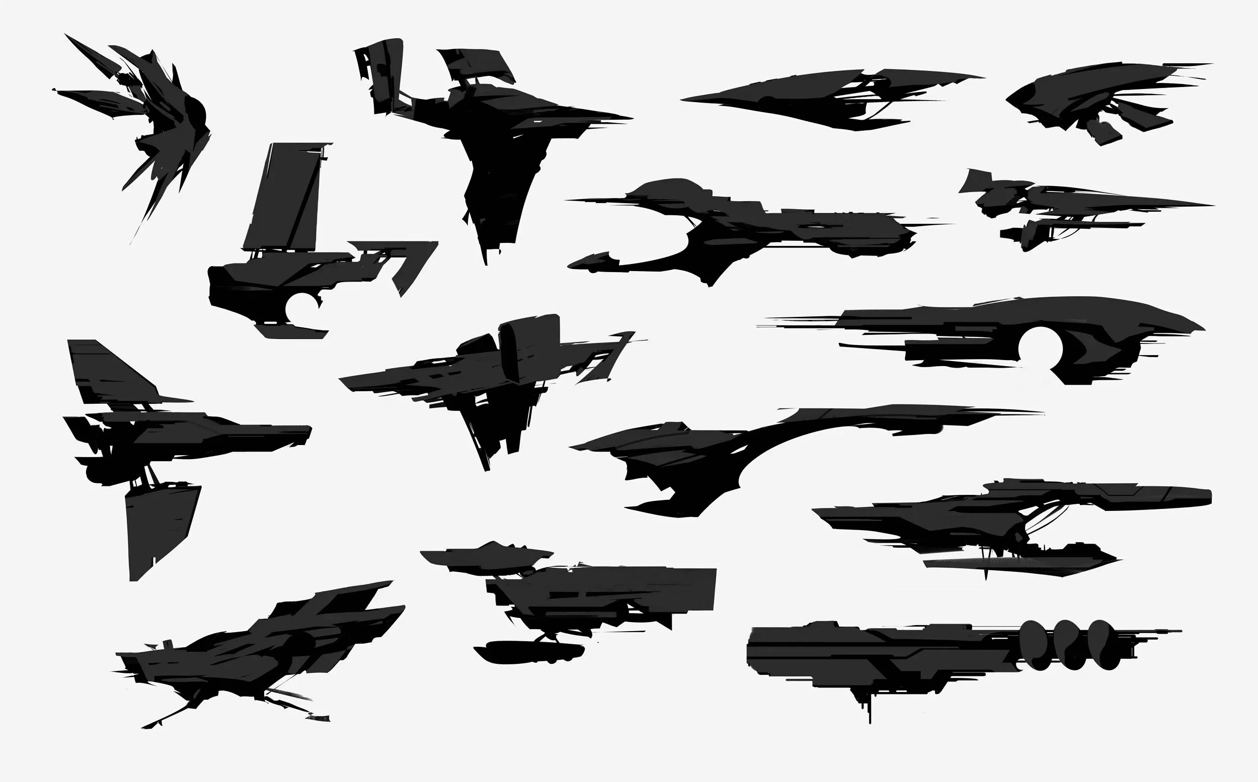 Multiple black and gray sci-fi spaceship silhouettes on a white background.