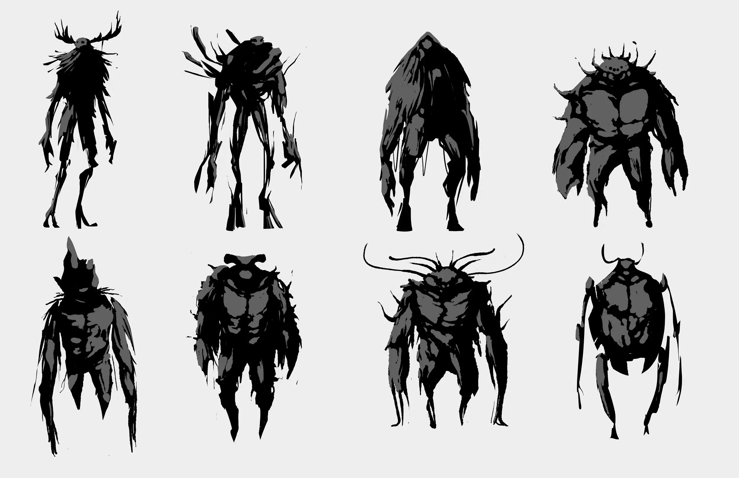 Collection of eight black and gray insect-like creatures with varying shapes and features, arranged in two rows on a light gray background.