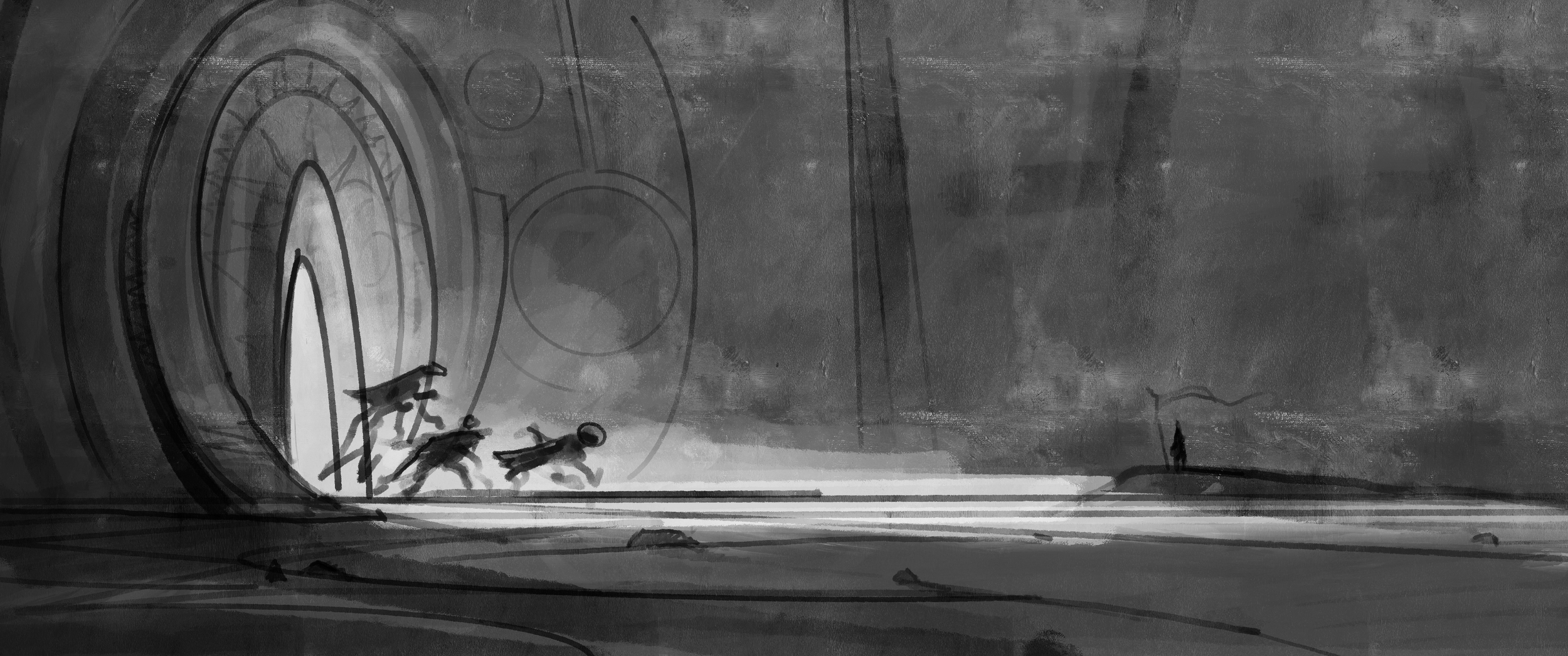 A conceptual digital sketch of a large, circular, futuristic door with illustrations in black and white. Several figures are emerging or moving away from the door, while a solitary figure stands far off to the right, observing the scene.