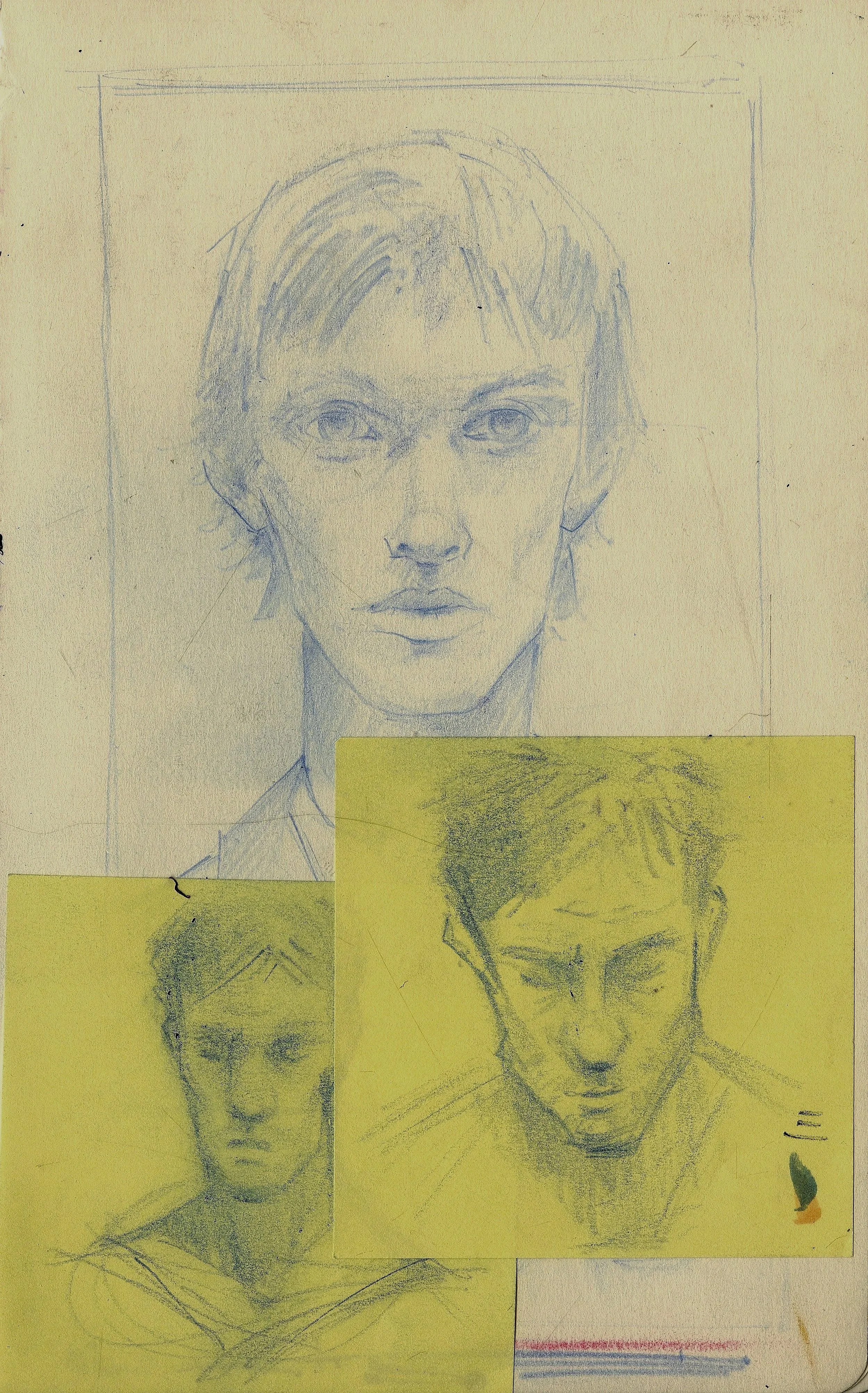 Three pencil sketches of a young man's face, with the largest at the top and two smaller on yellow paper below. The sketches depict a young man with short hair, serious expression, and wear a turtleneck or collar in the bottom images.
