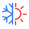 A combined symbol of a blue snowflake and a red sun, representing winter and summer.