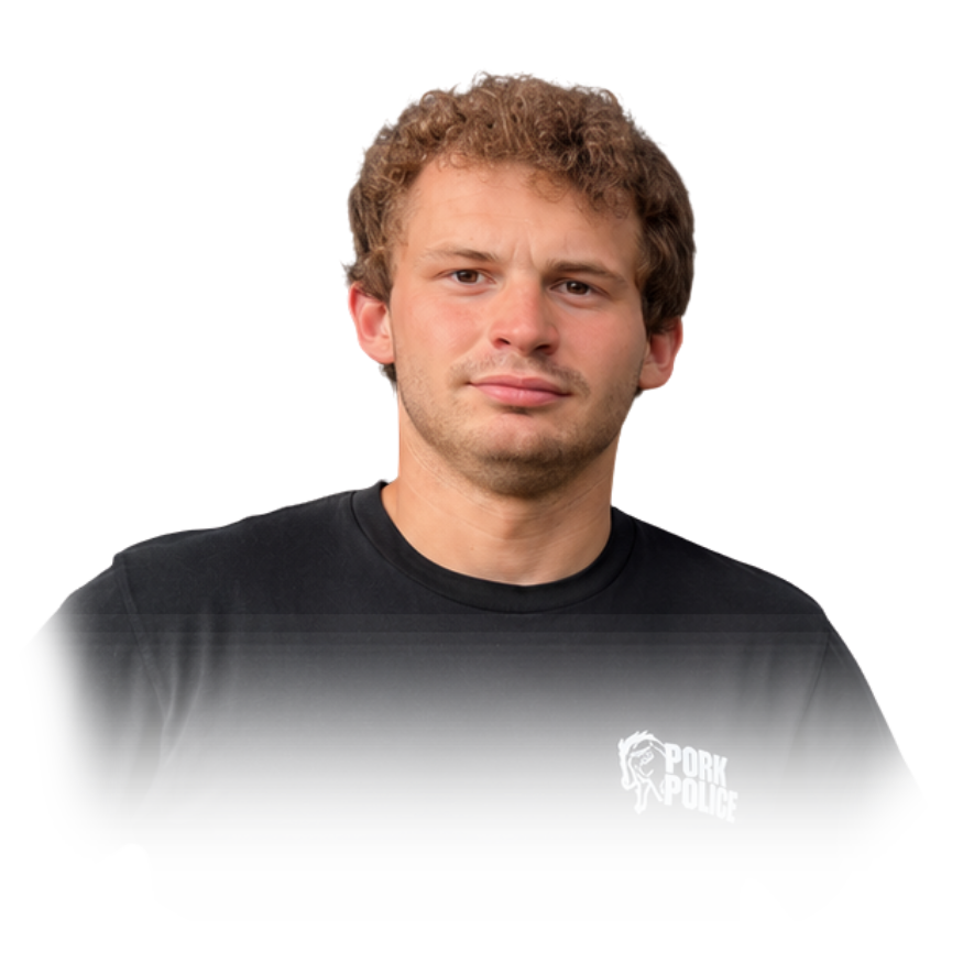 Young man with curly hair wearing a black t-shirt with 'Pork Police' logo.