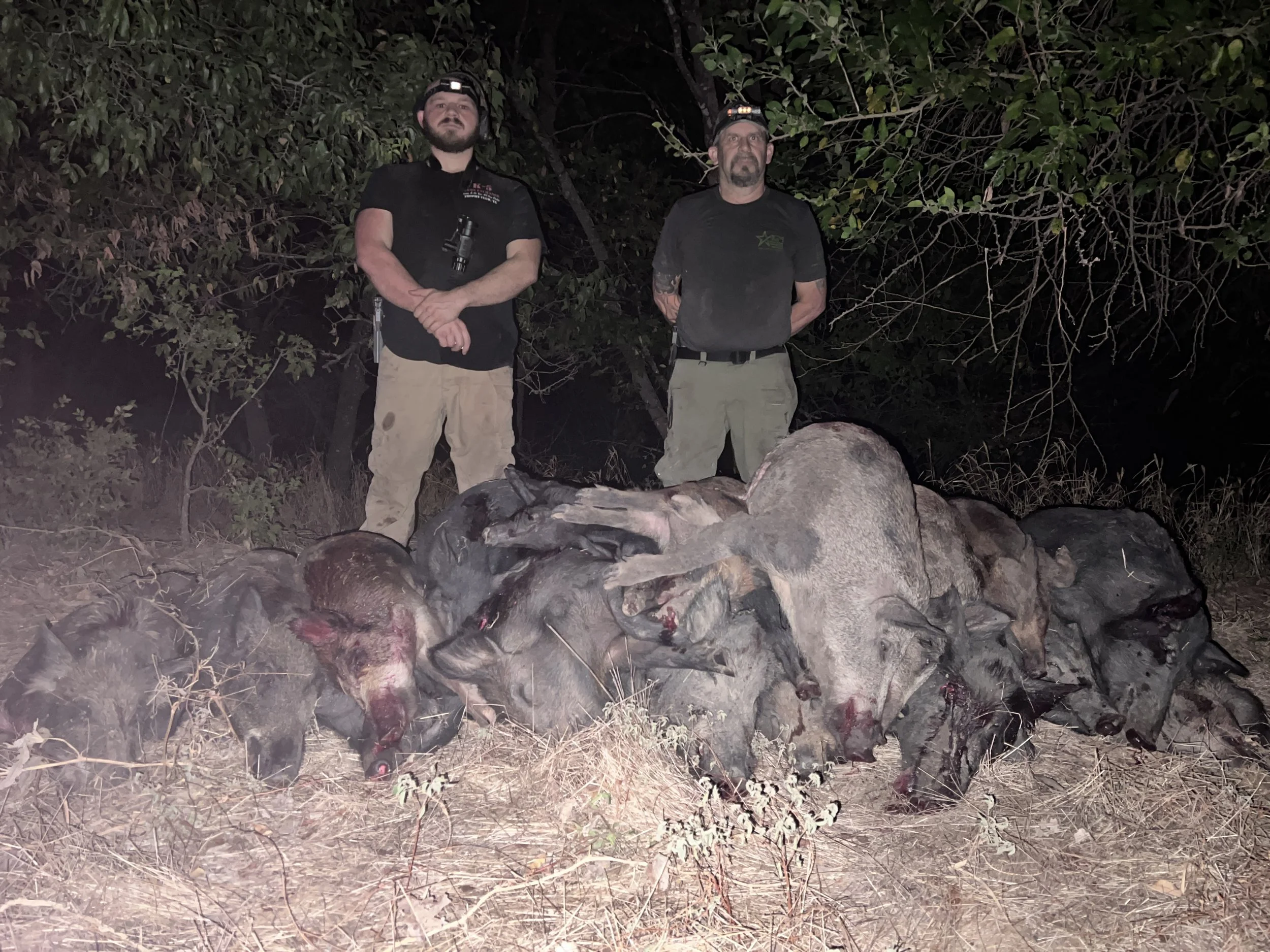 Two men wearing headlamps and outdoor clothing stand behind a pile of freshly hunted animals, possibly coyotes or wolves, in a forested area at night.