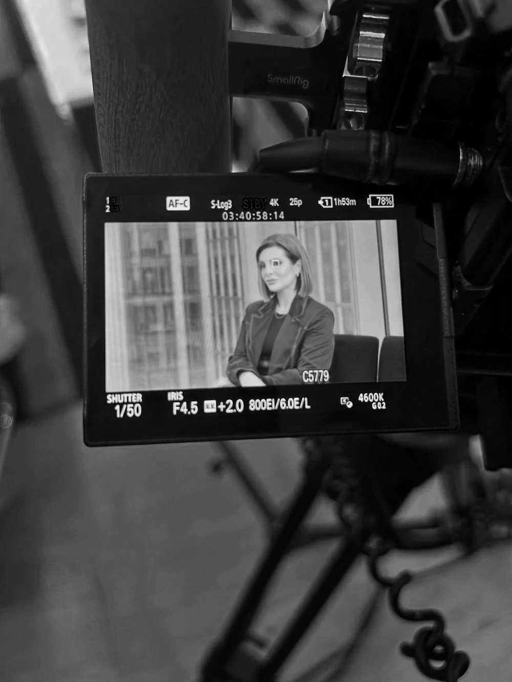 Lucy Cohen sitting on a bench, wearing a blazer, looking to the side with her arms crossed, seen through a camera monitor.