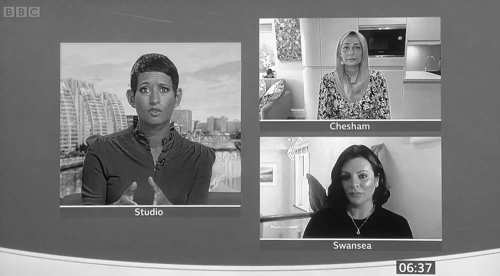 Television news broadcast with three women, including Lucy Cohen from Mazuma. One woman appears on a large screen labeled "Studio," three women are shown in separate smaller windows labeled "Chesham" and "Swansea." The time displayed is 06:37.