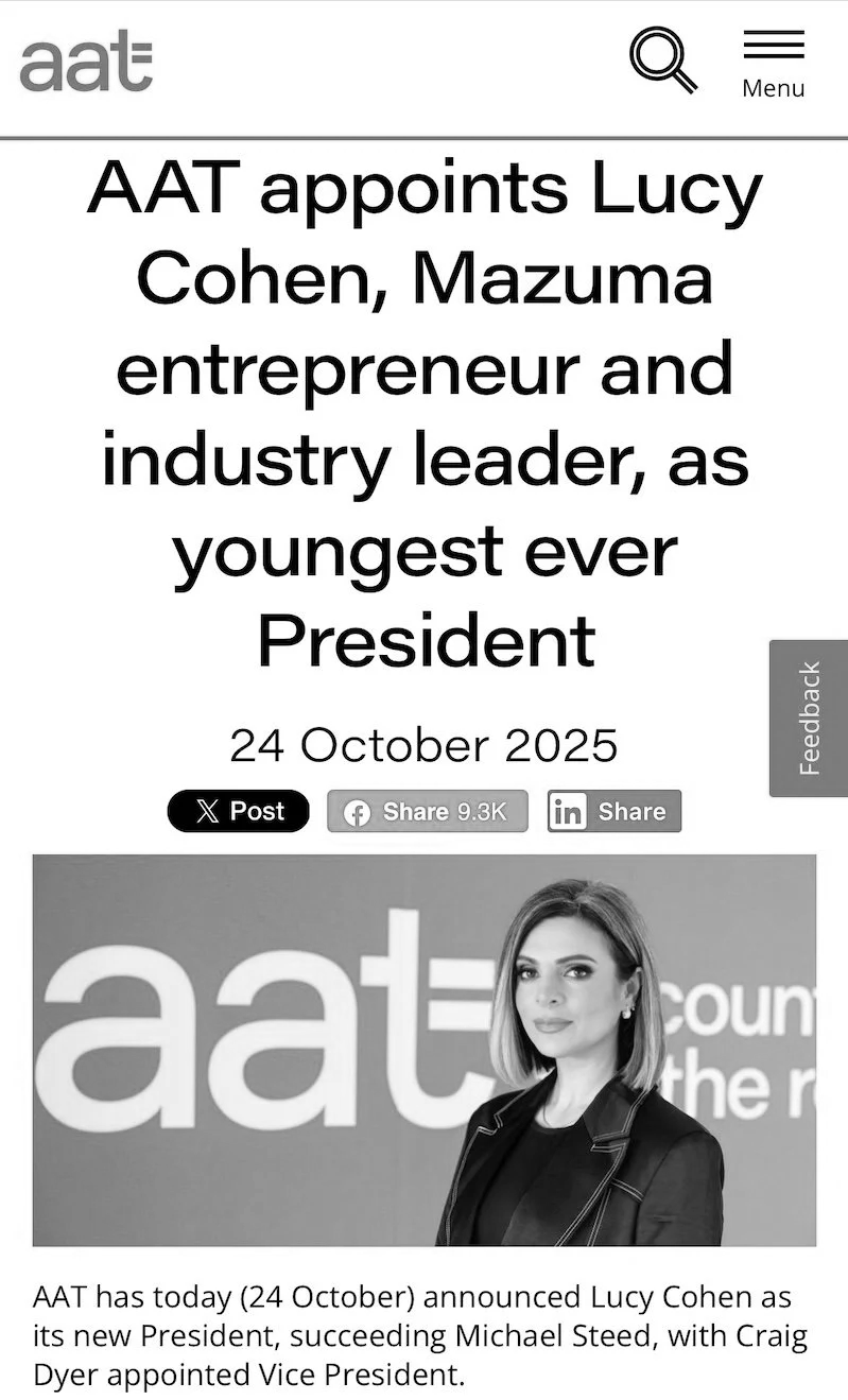A news article announcing Lucy Cohen's appointment as the new President of AAT, with a photo of Lucy Cohen and the AAT logo in the background.