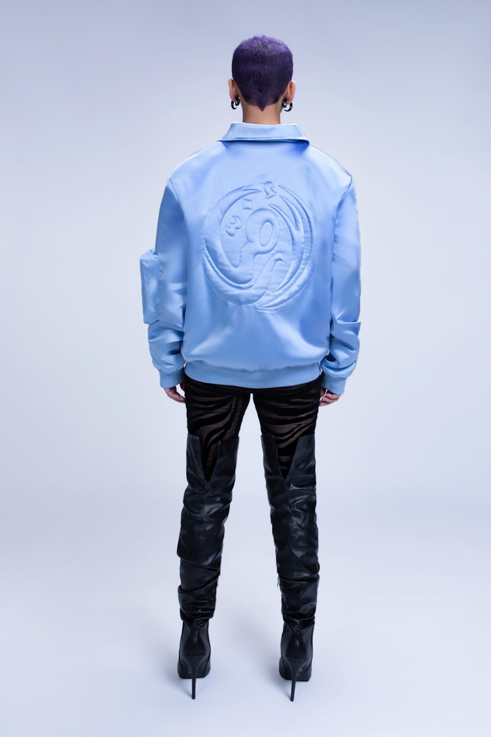 EARTH SATIN BOMBER JACKET IN SKY BLUE — HINDAMME