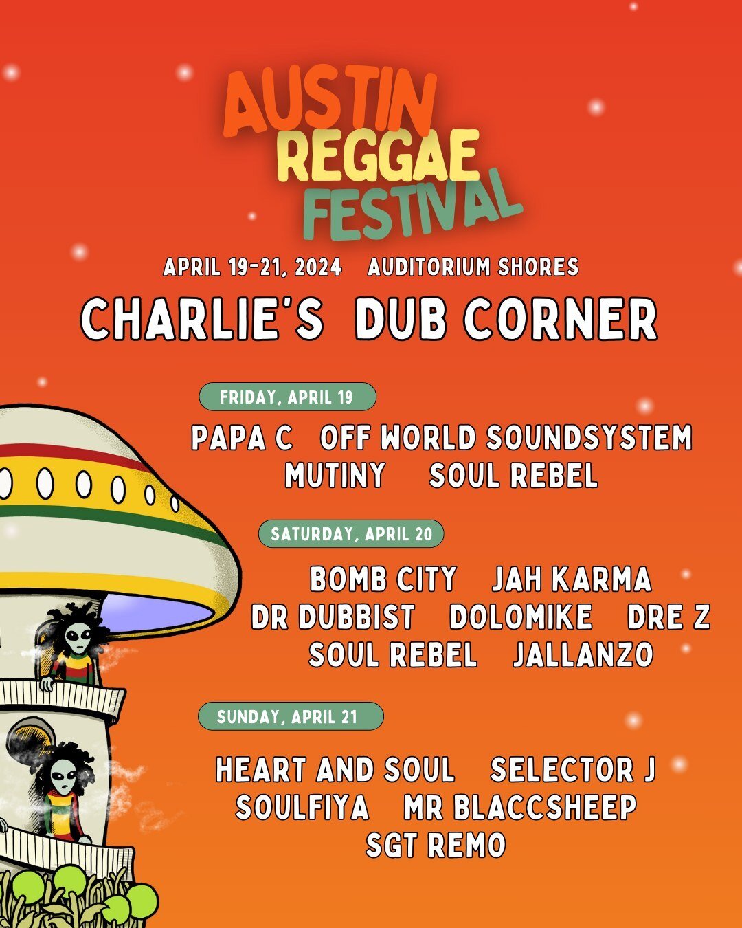 🌵Austin, are you ready to dub? 
Charlie's Dub Corner is bringing the vibes AGAIN this year at the Austin Reggae Festival! 

You can catch a bunch of Austin local dub favorites at Auditorium Shores from April 19-21. 

Grab your tickets now!
