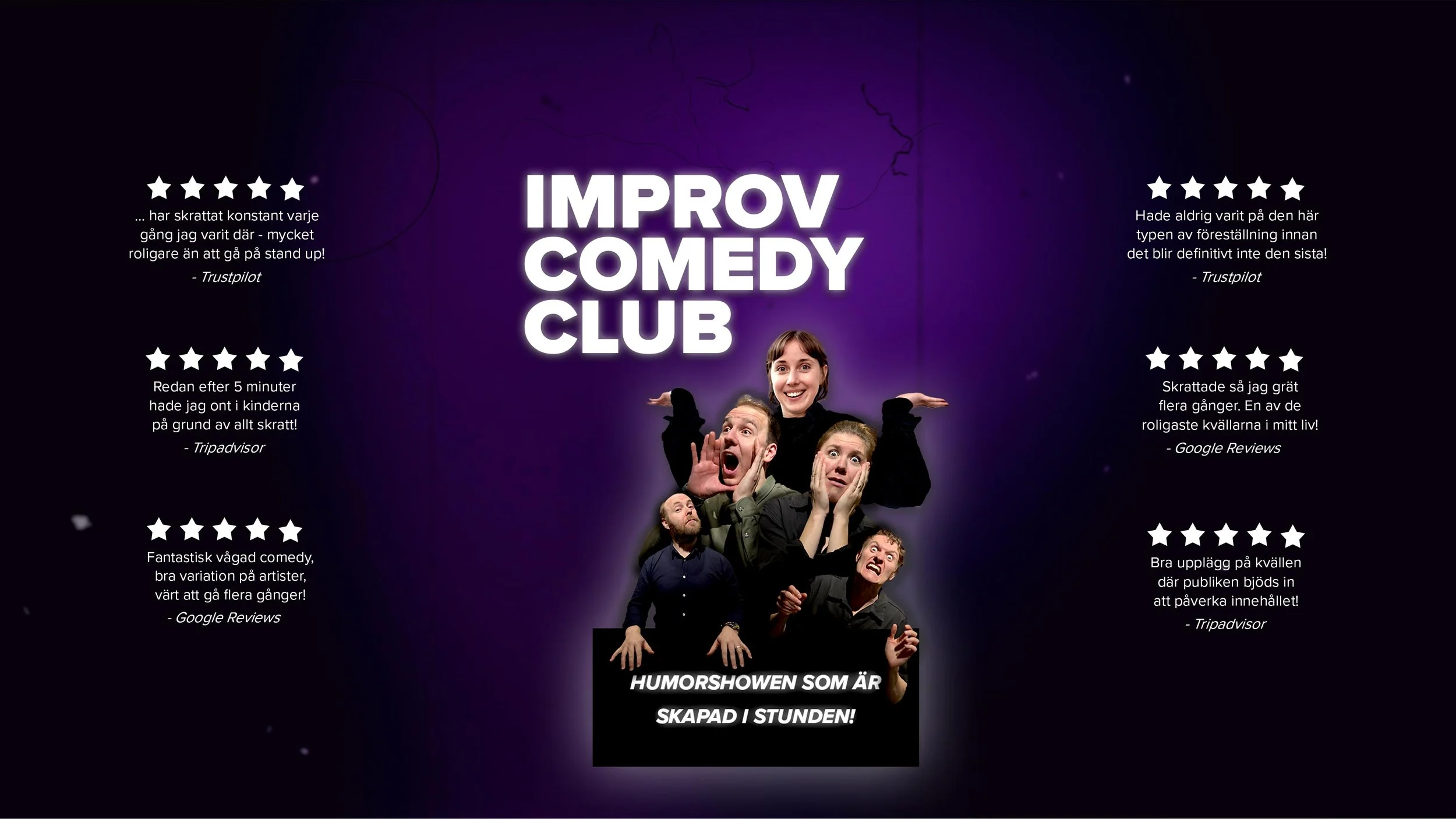 Posters promoting an improv comedy club with photos of people making funny faces and quotes from reviews.