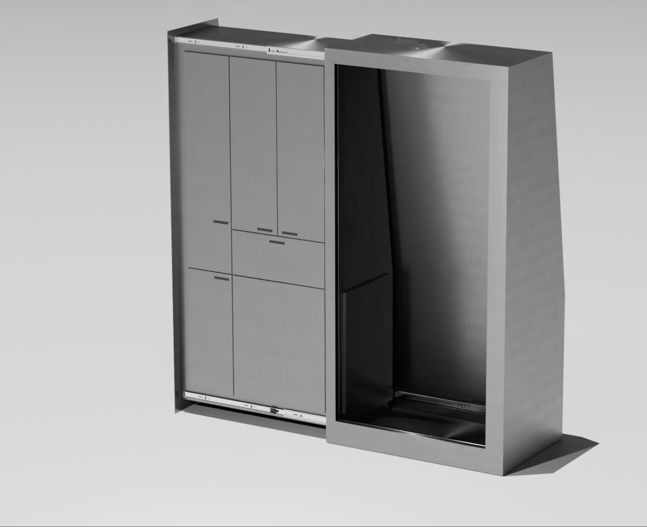 A modern, minimalist metallic cabinet with a partially open door, revealing an empty interior.