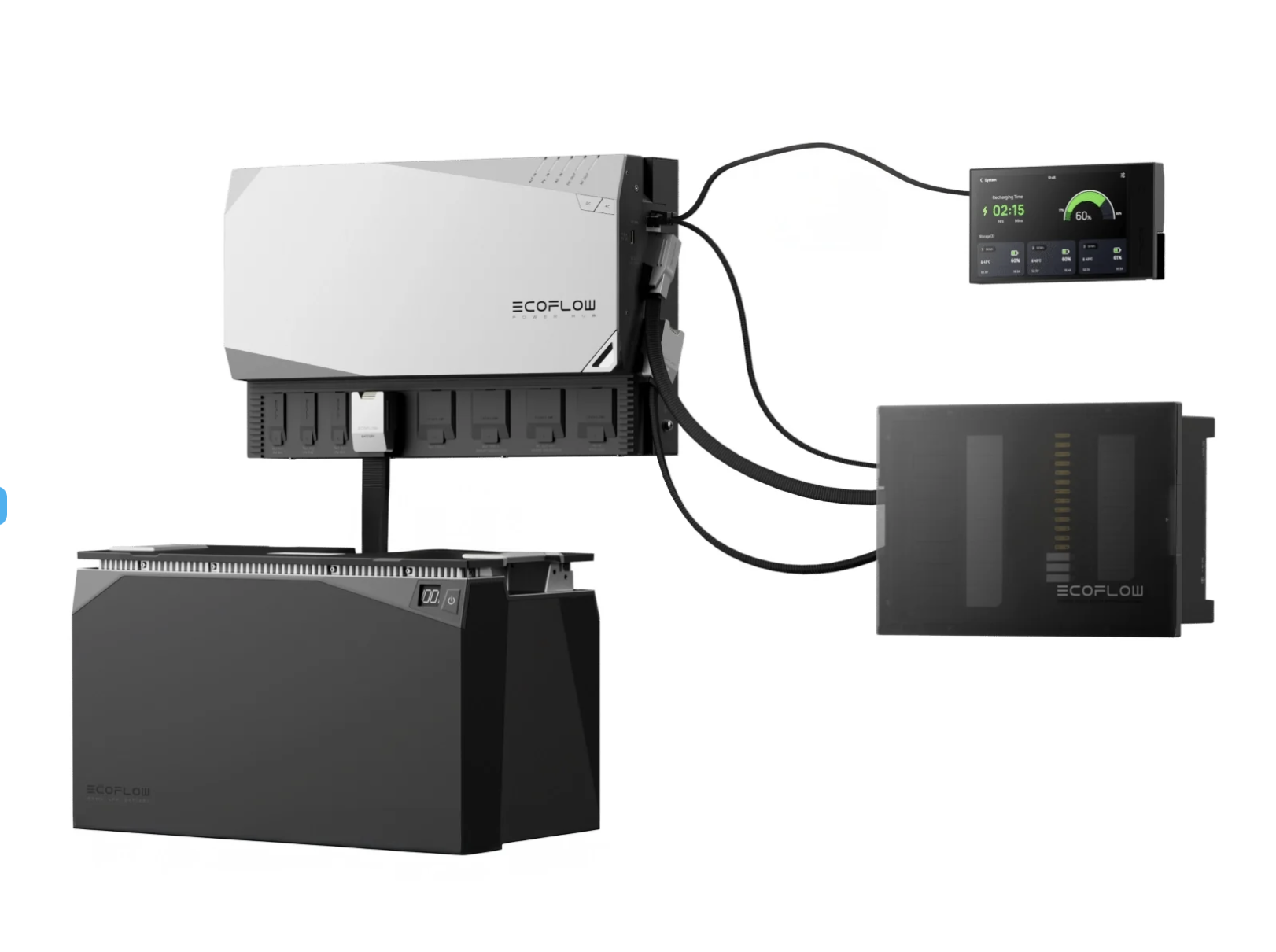 A home energy storage system setup with a battery, control panel, and inverter connected with cables.