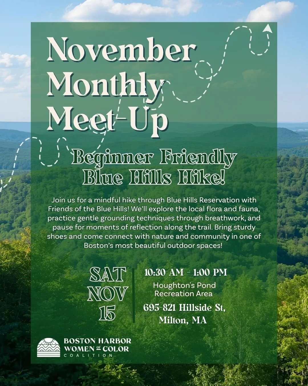 Join us on a soul-nourishing hike through the beautiful Blue Hills Reservation in partnership with Friends of the Blue Hills 🌿🌲😌

On Saturday November 15th, we will meet at Houghton's Pond Recreation Area parking lot for a low-key, end-of fall tra