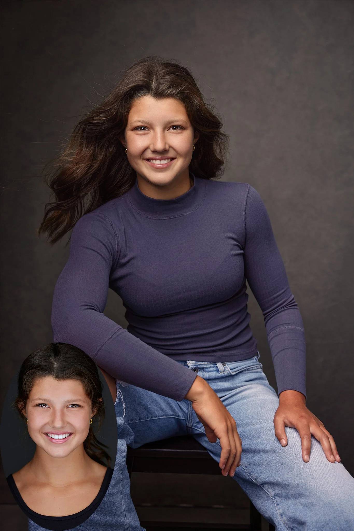 A young girl with long dark hair, wearing a navy long-sleeve shirt and jeans, posing with a bright smile against a gray background. An inset shows her face in a close-up, smiling.