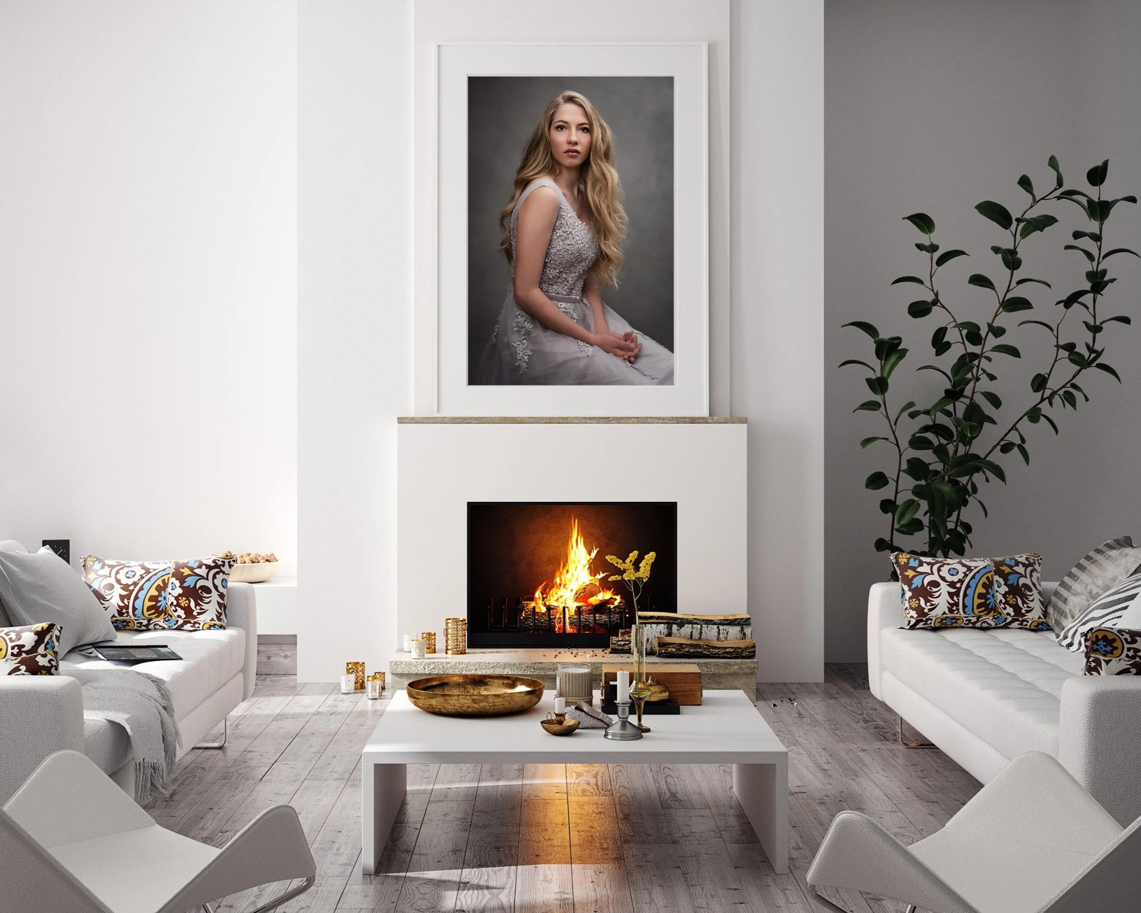 Modern living room with white sofas, a fireplace with a fire, a square white coffee table with decorative items, and a large portrait of a young woman in a gray dress hanging above the fireplace. There is a tall plant with green leaves on the right and patterned pillows on the sofas.