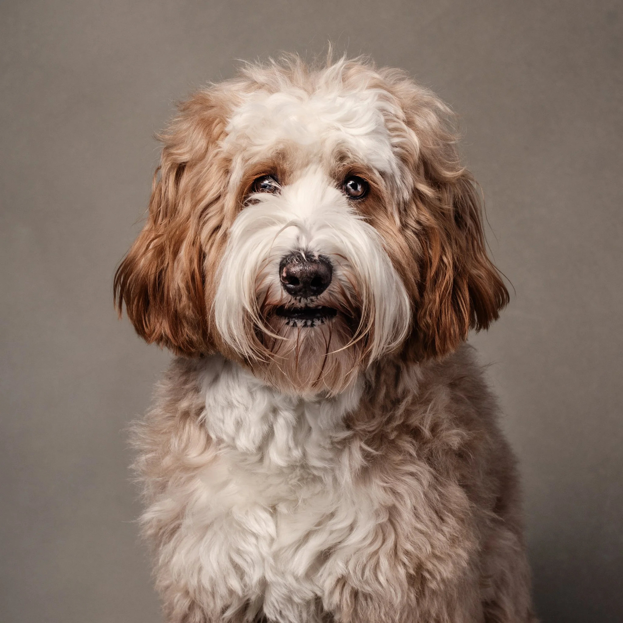 A fluffy, brown and white dog with expressive eyes and a black nose, sitting against a plain background.