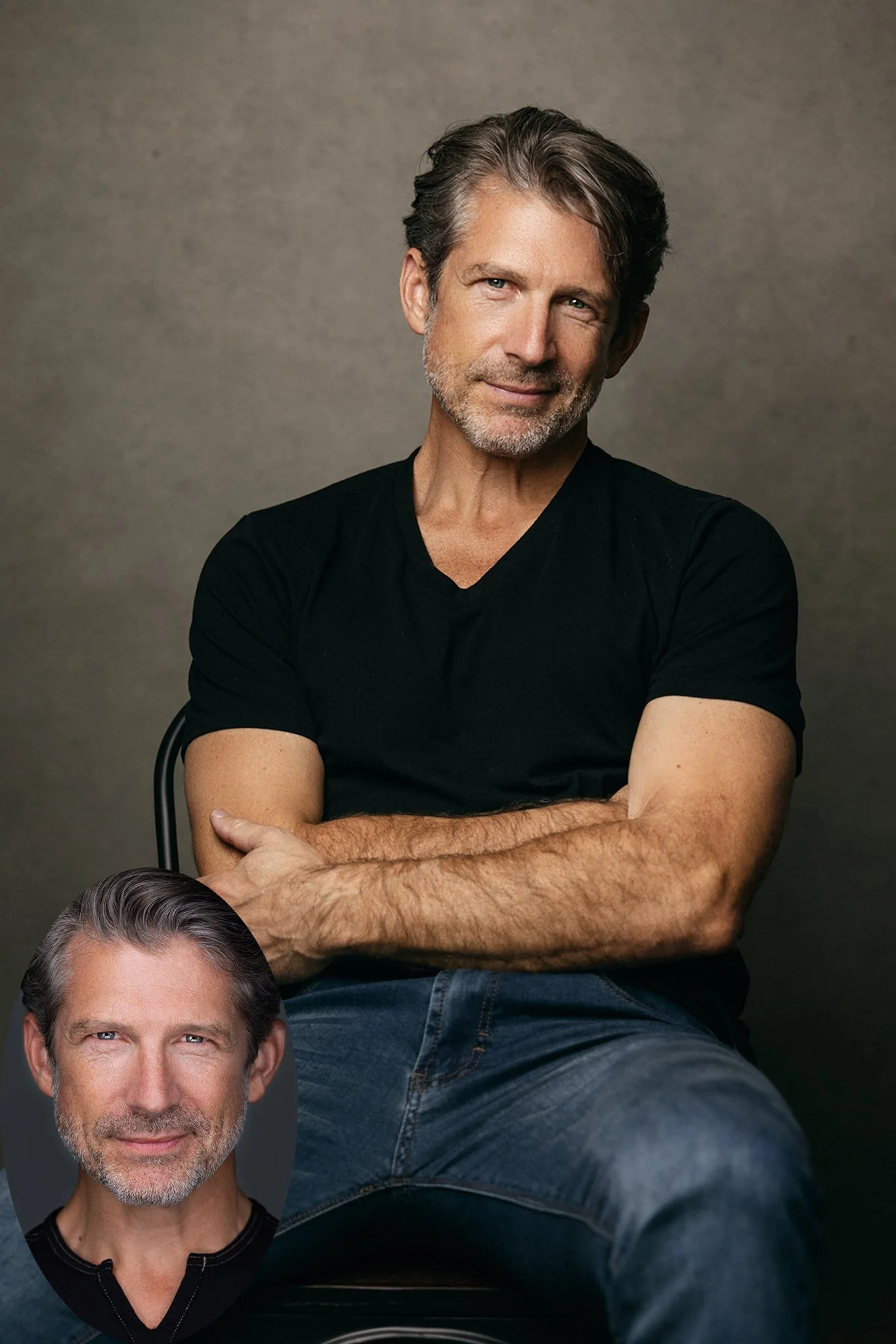 A middle-aged man with gray hair and a beard, wearing a black t-shirt and jeans, sitting against a neutral background. An inset shows a close-up of his face.