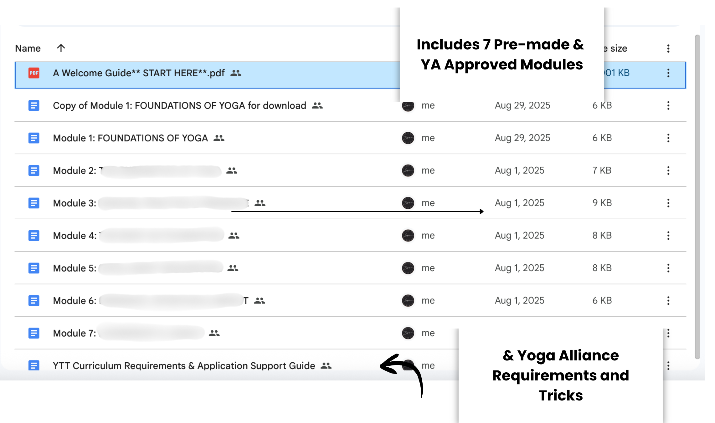 Screenshot of a file directory containing PDFs and Google Docs files related to yoga modules, curriculum requirements, and approval modules, with a highlighted PDF titled 'A Welcome Guide** START HERE**.pdf' and some document details, including dates