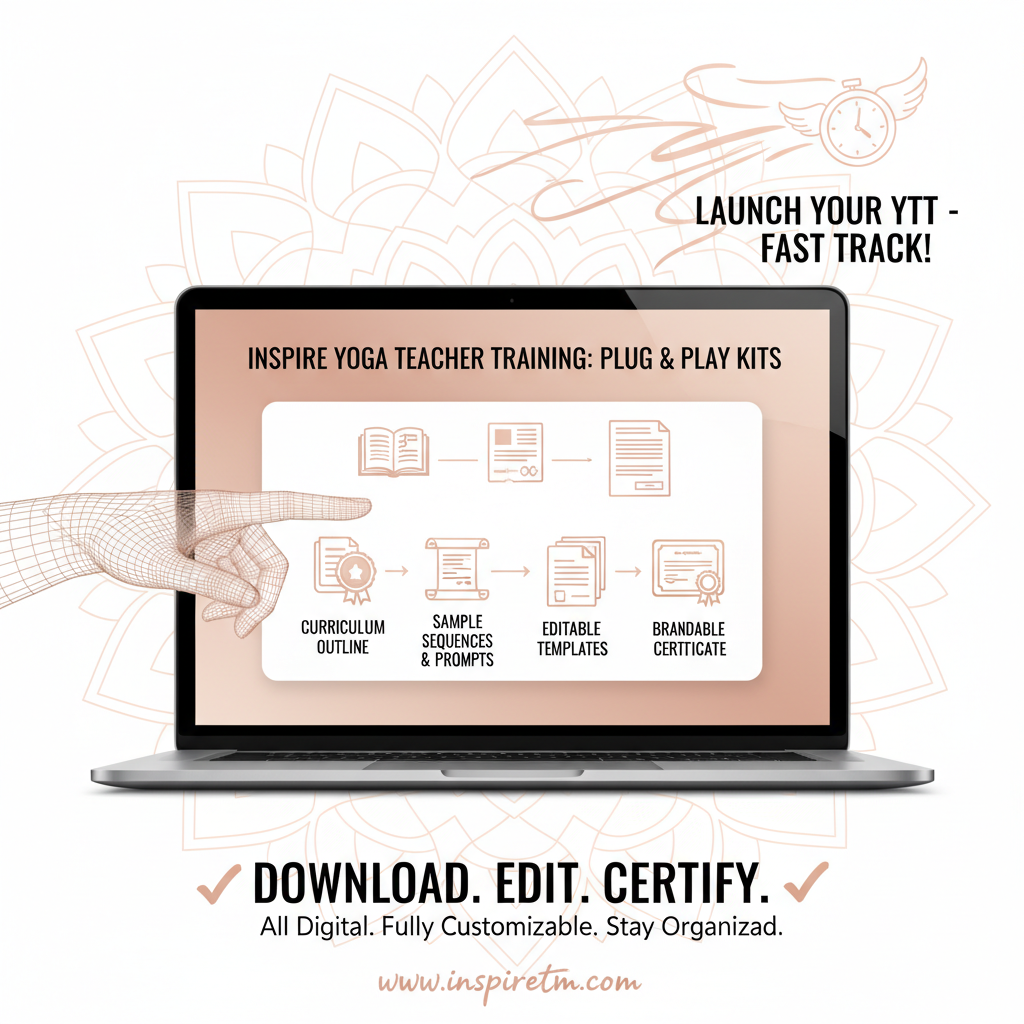 Advertisement for inspire Yoga teacher training kits featuring digital curriculum outline, sample sequences, editable templates, and certificates, with a laptop and pointing hand, encouraging downloading, editing, and certifying.