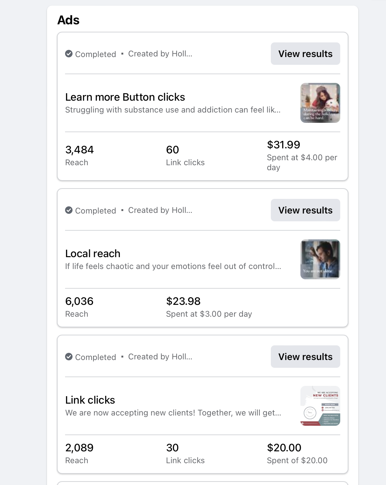 Screenshot of an online advertising dashboard showing three ad campaigns with metrics, titles, and images. The first campaign is titled 'Learn more Button clicks,' with 3,484 reach, 60 link clicks, and a $31.99 spend. The second is 'Local reach,' with 6,036 reach, and a $23.98 spend. The third, 'Link clicks,' shows 2,089 reach and $20.00 spend.