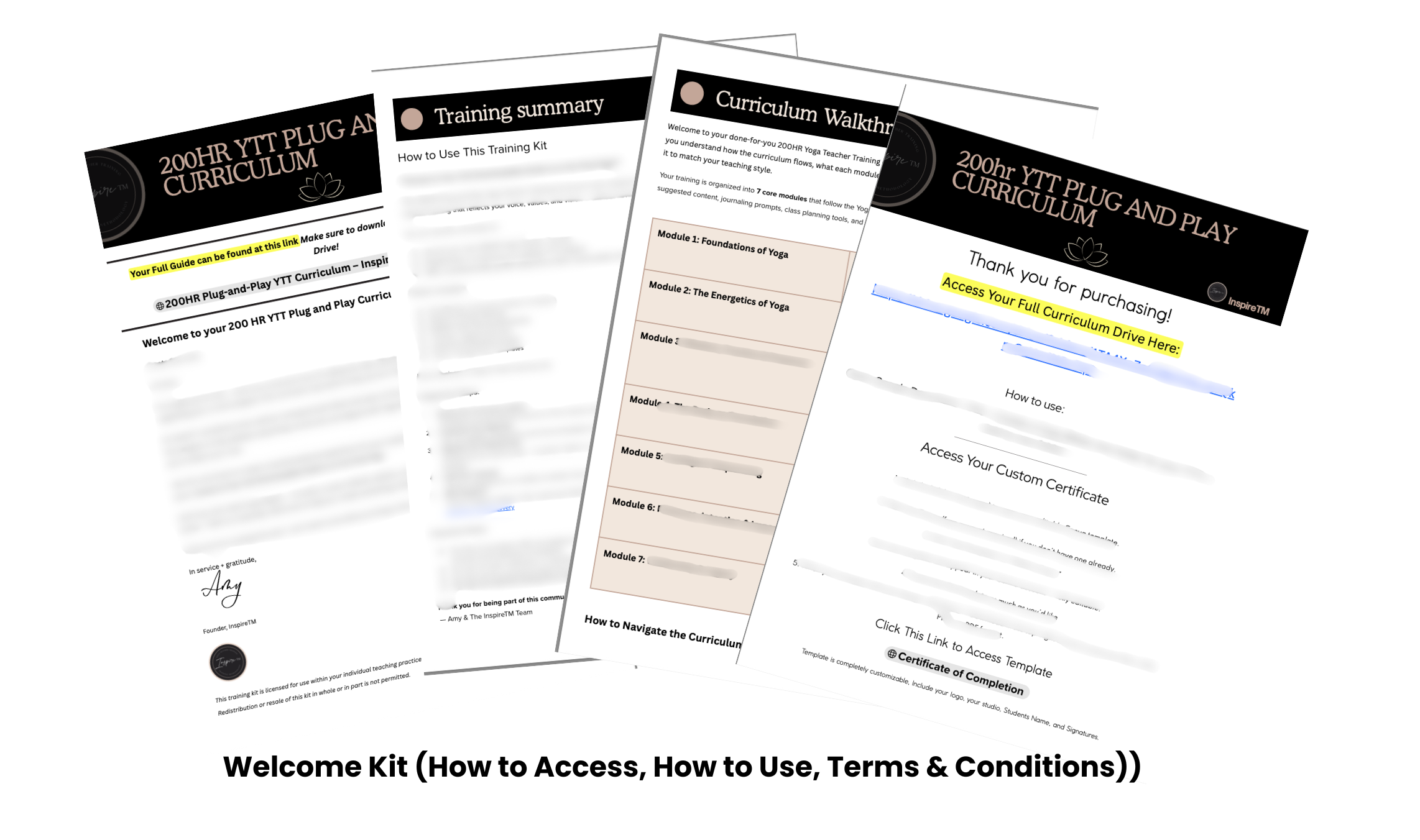 Three digital documents titled "200HR YTT Plug and Play Curriculum", "Training Summary" and "Curriculum Walkthrough" for yoga teacher training. Highlights include links for access, a thank you note, and numbered modules about yoga fundamentals.