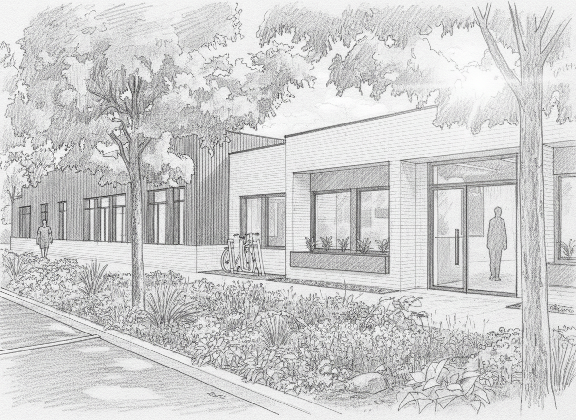 A detailed pencil sketch of a modern commercial building with large windows, surrounded by lush trees, plants, and a landscaped garden. There are bicycles parked near the entrance, and a person is walking on the sidewalk, while another person is visi