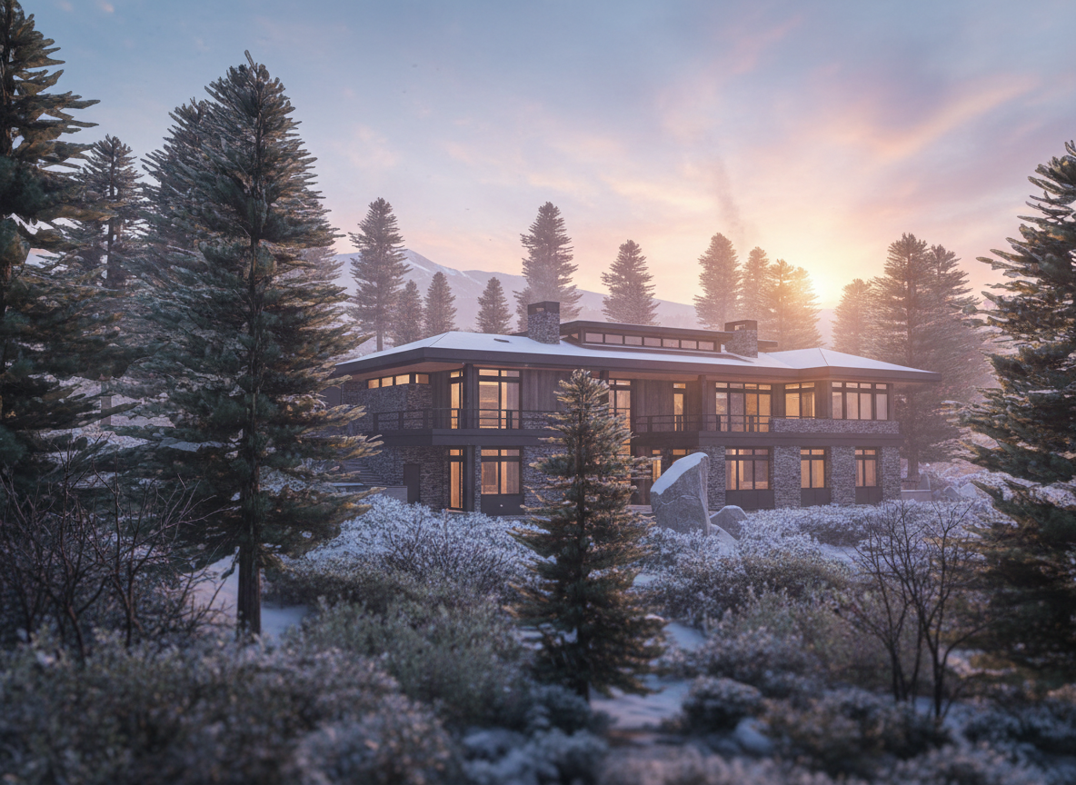 A modern house with large windows is situated in a snowy forest with tall pine trees and flowering bushes, under a colorful sunrise sky.