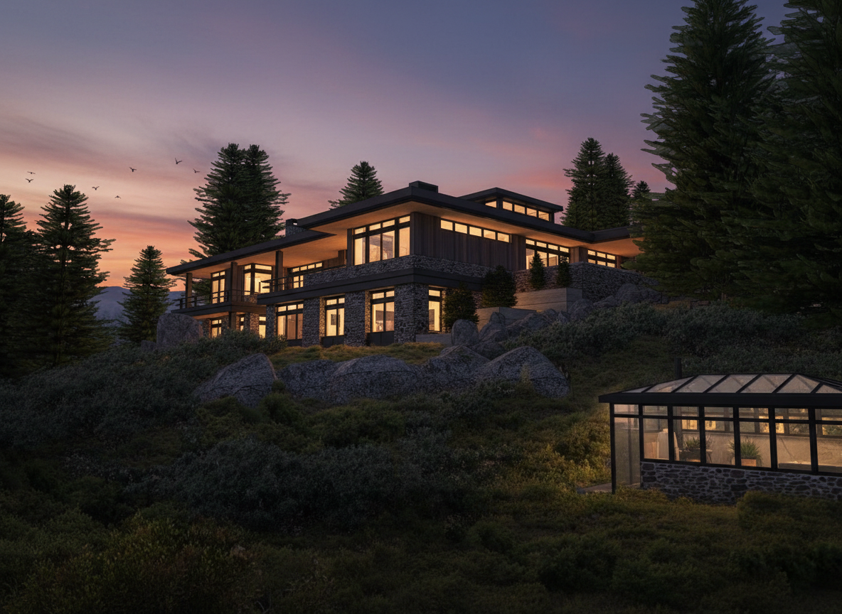 A modern house with large windows and stone exterior, situated on a hillside surrounded by trees and rocks during sunset.