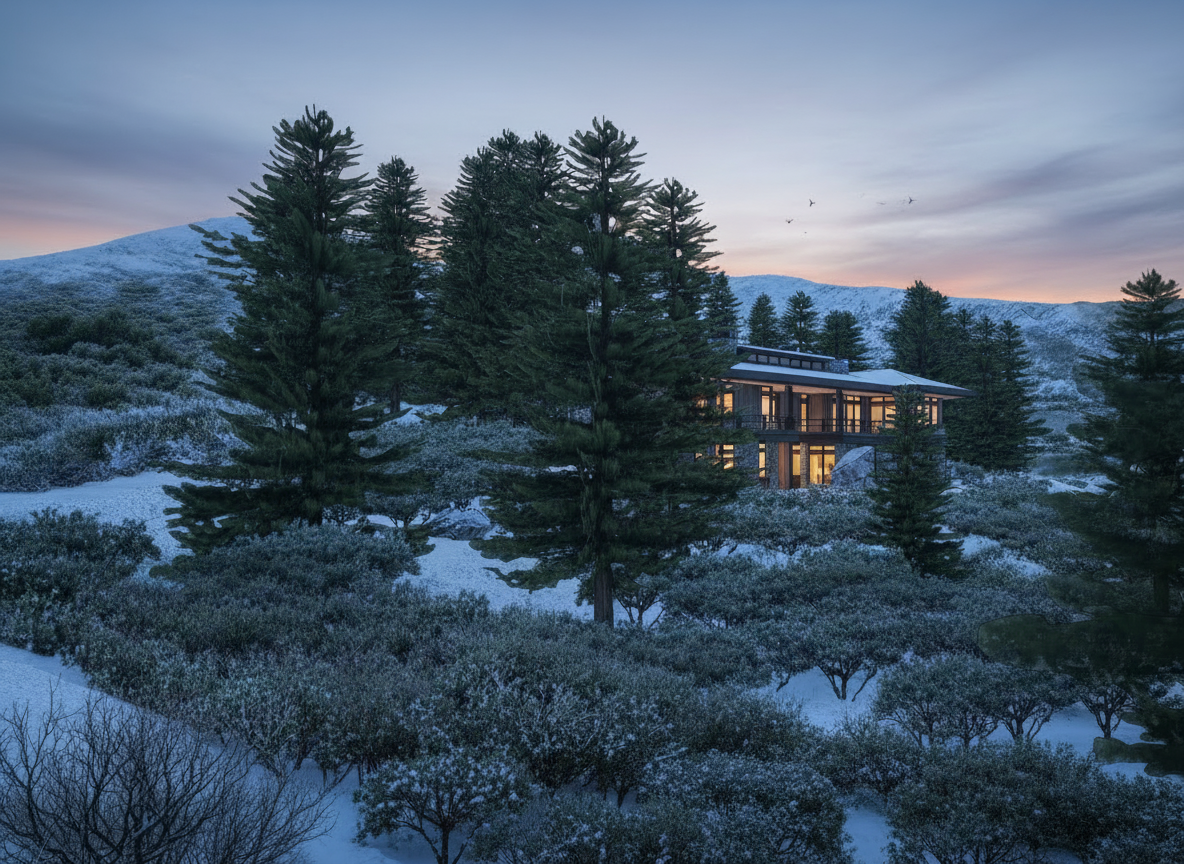 A modern house nestled among pine trees on a snowy hillside at dusk with light glowing from its windows.