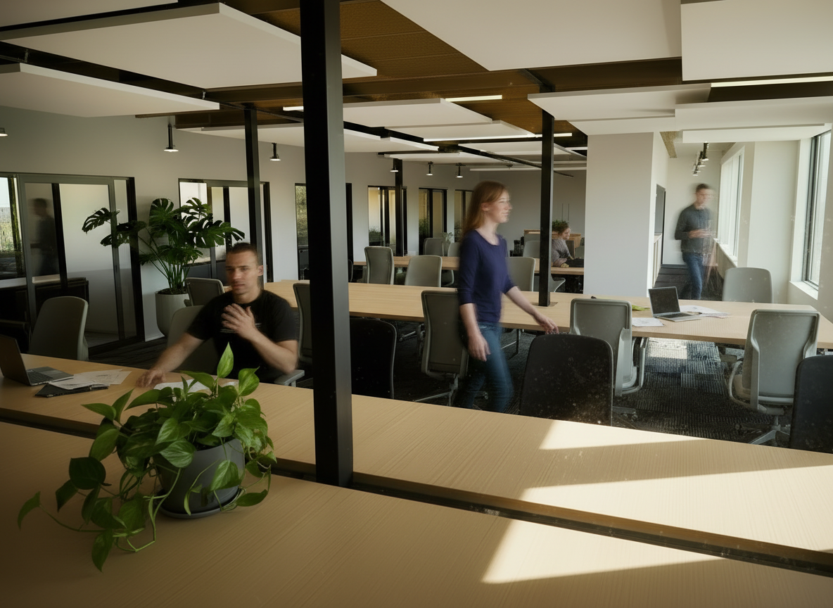 Open office space with large windows, modern furniture, and plants, with people working and walking around.