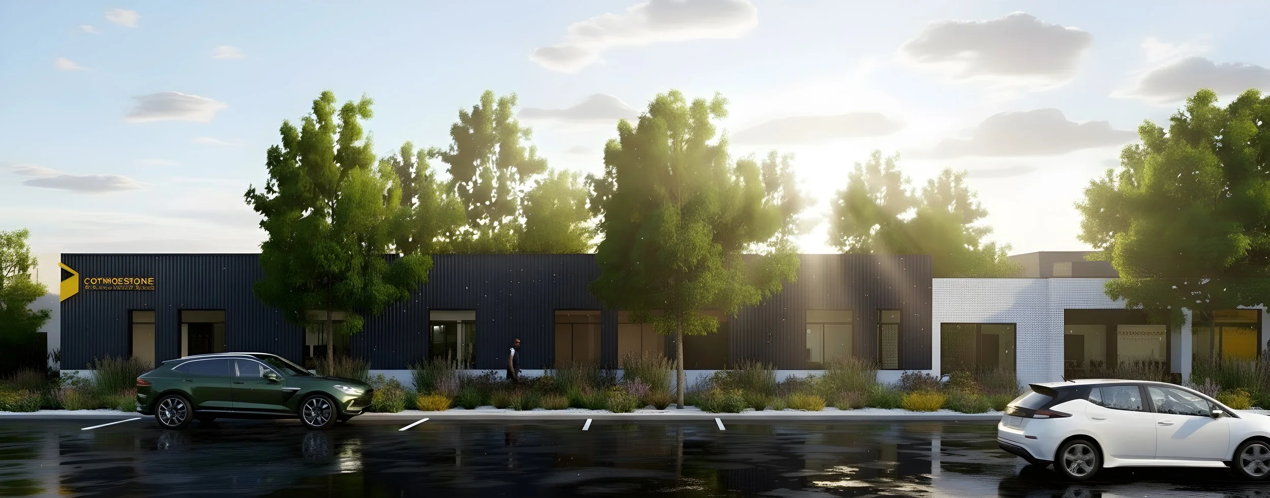 Modern commercial building with trees and parked cars in a sunny, partly cloudy setting.