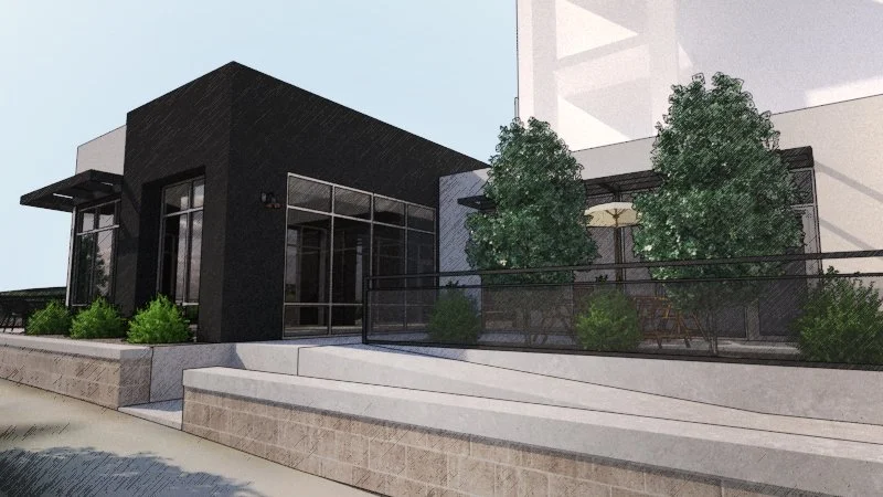 Modern commercial building with large windows, black and white facade, outdoor patio with trees, shrubs, and an umbrella-covered seating area.