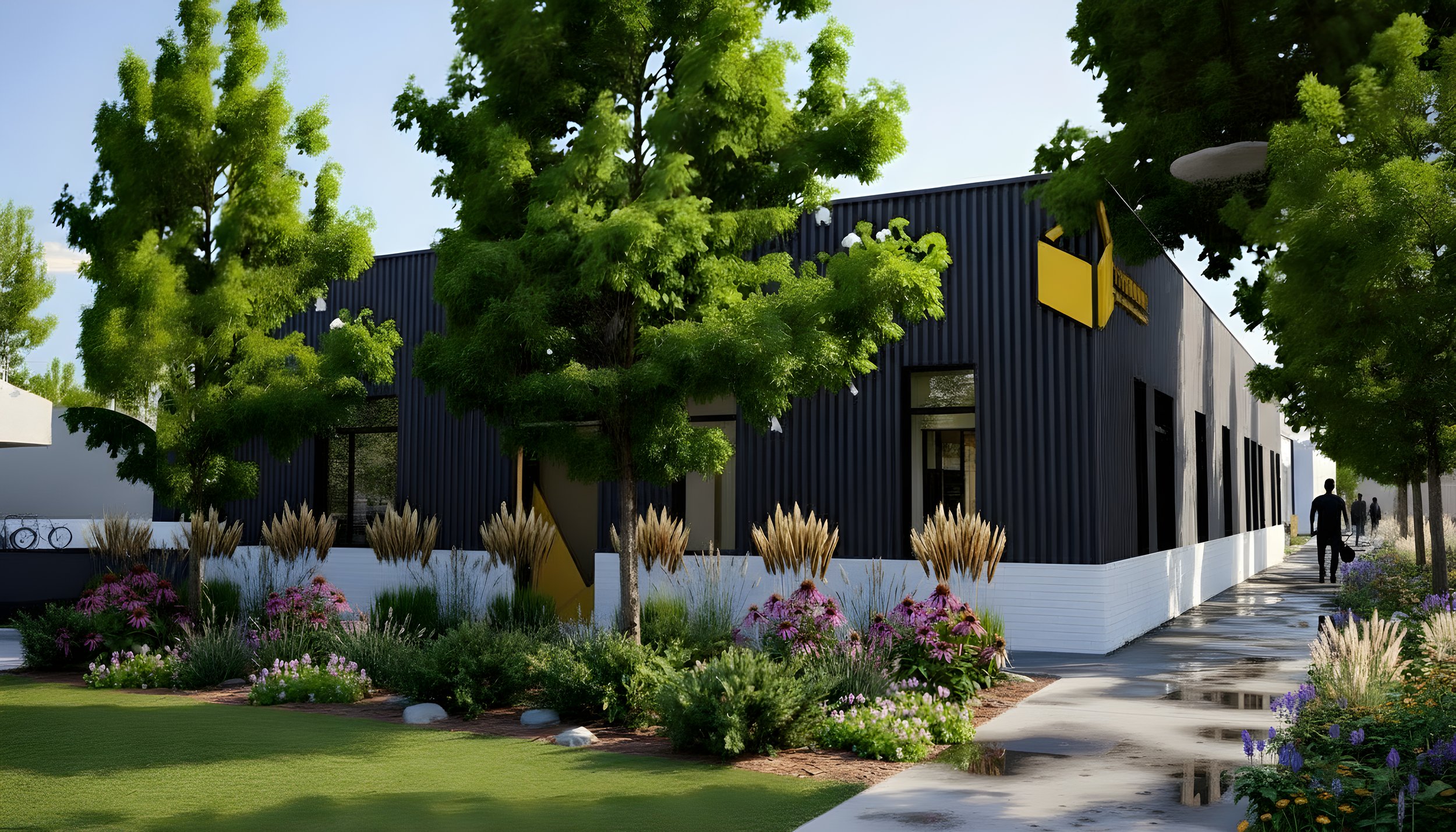 Modern building with black corrugated metal exterior, yellow signage, surrounded by landscaped garden with trees, shrubs, and flowers, on a sunny day.