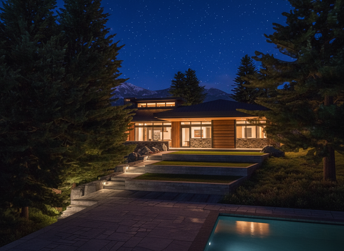 Night view of a modern house with large glass windows and a sloped roof, surrounded by pine trees and steps leading to a pool, under a starry sky.
