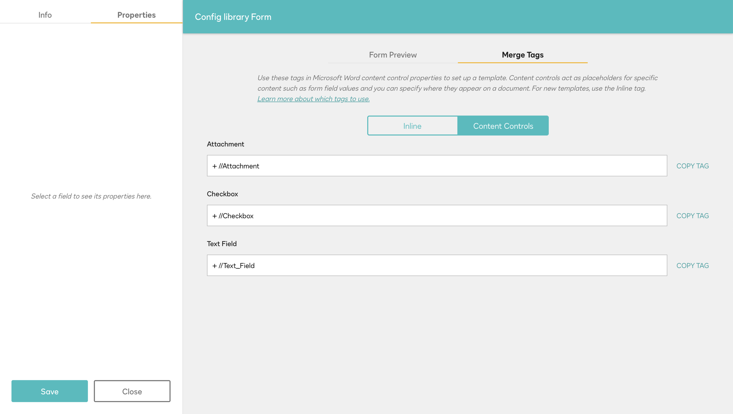 The CLM (Core) Experience - In order to create the template, the user must first create a form. Each form item creates a merge tag. Once the form is complete, the user takes each merge tag and places it in the correct location in the Word Document.