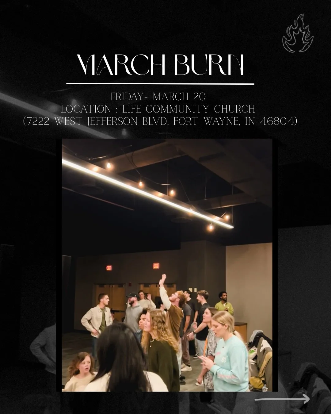 We&rsquo;re excited to be back and exalt the name of Jesus together ✝️

Friday March 20th at - Life Community Church l (7222 West Jefferson Blvd, Fort Wayne, IN 46804)

We&rsquo;re expecting the lord to move as we meet with him🕊️🙏🏼