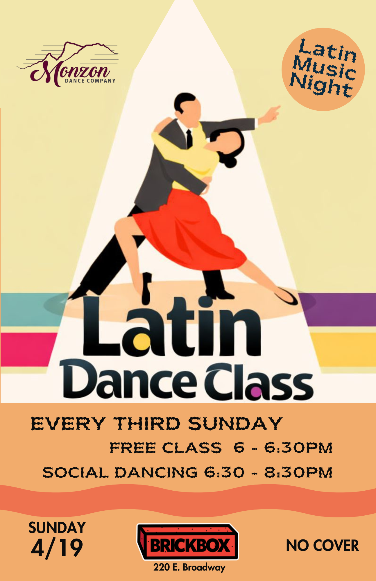 Sun 4/19 · 6PM • Monzon Dance Co Free Dance Lessons & Latin Dance Night