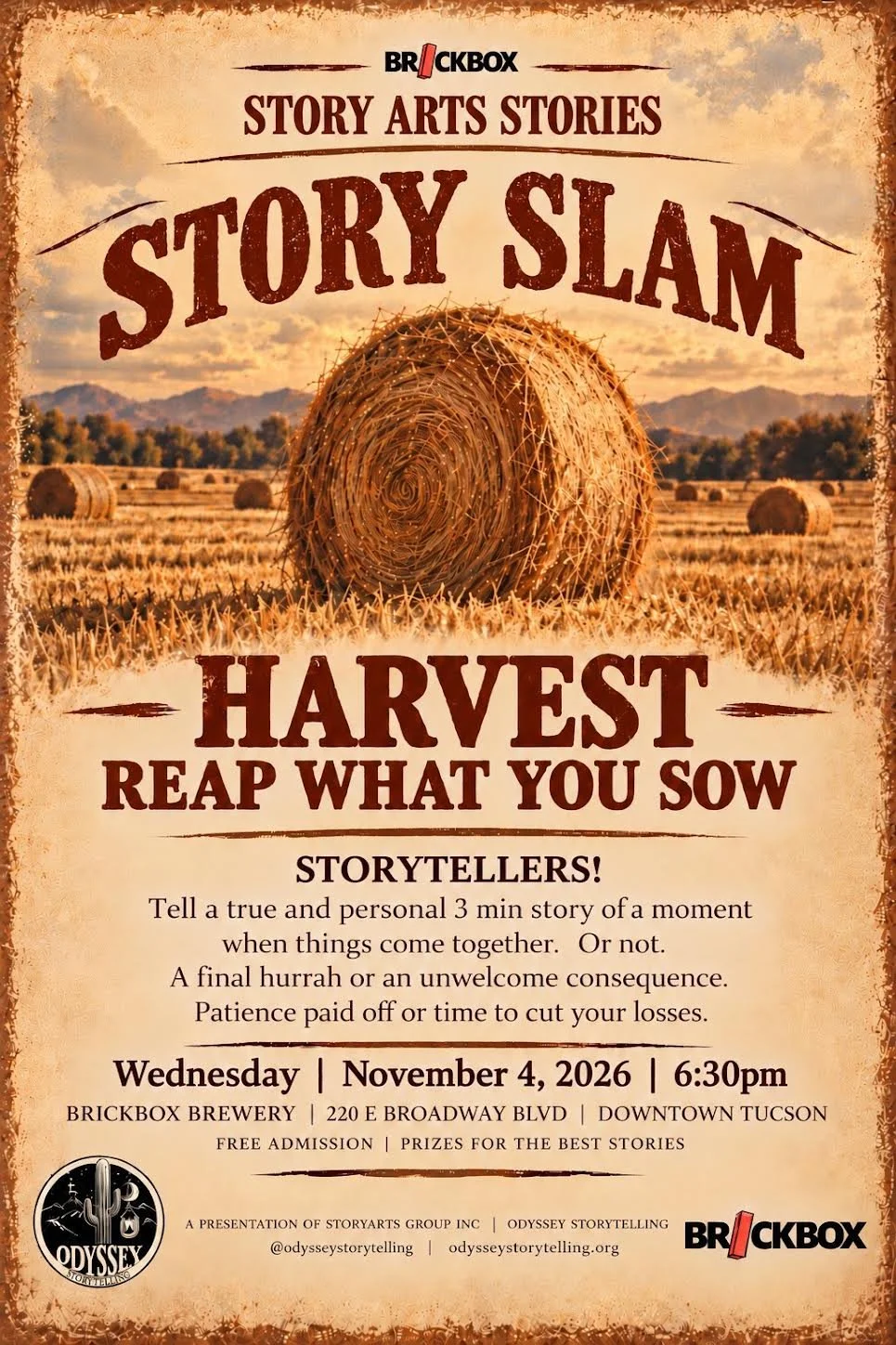 11/4 @ 8pm: Storyslam (Storytelling) - "Harvest: Reap what you Sow"