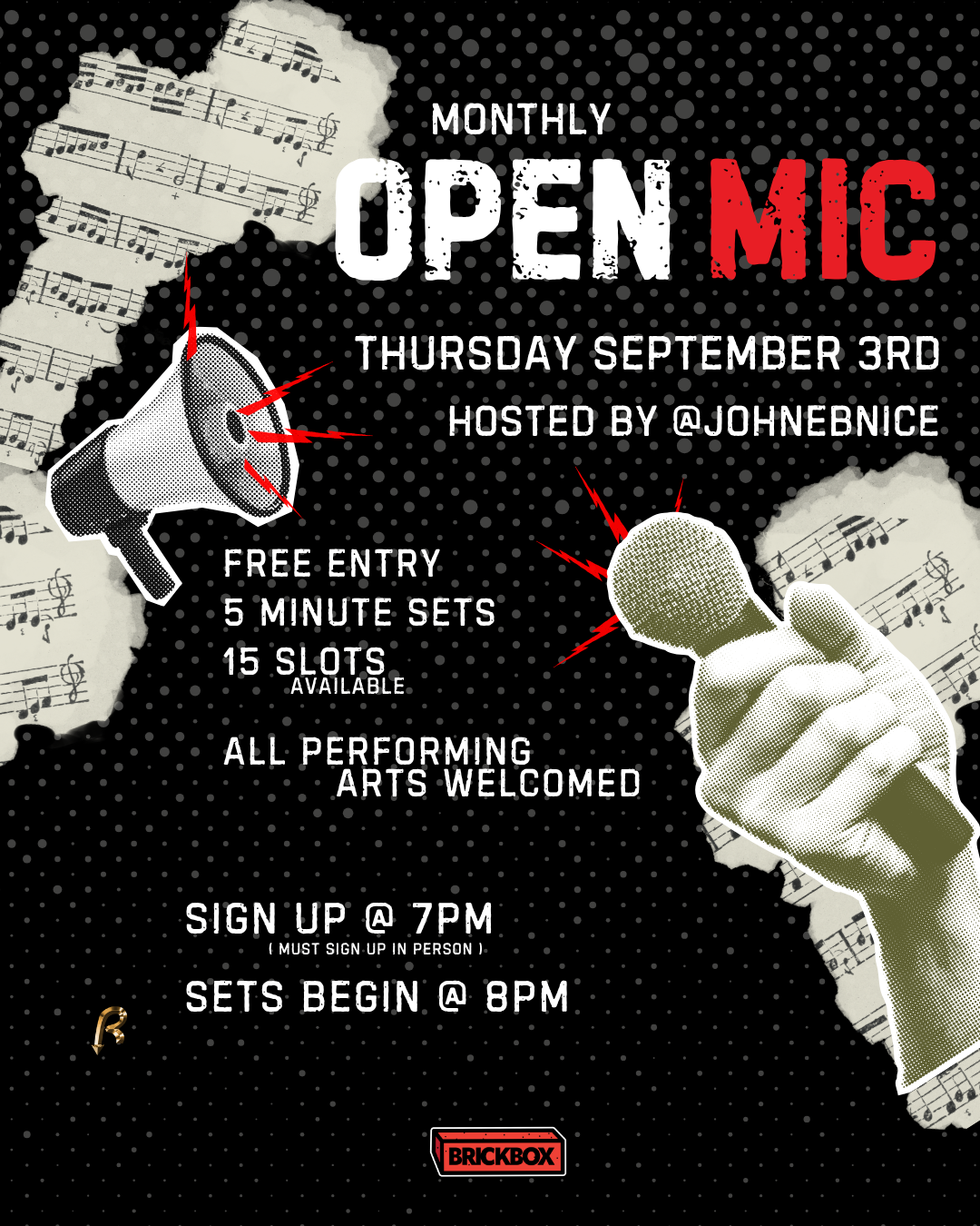 9/1 @ 7pm: Open Mic: Monthly : 7pm sign ups, 8pm show time