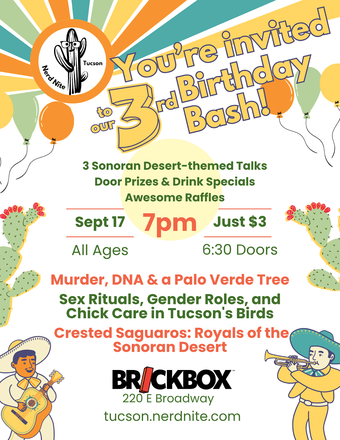 9/17 @ 6:30pm : Nerd Nite Talks:
Murder, DNA & a Palo Verde Tree //
Sex Rituals, Gender Roles, and Chick Care in Tucson’s Birds //
Crested Saguaros: Royals of the Sonoran Desert