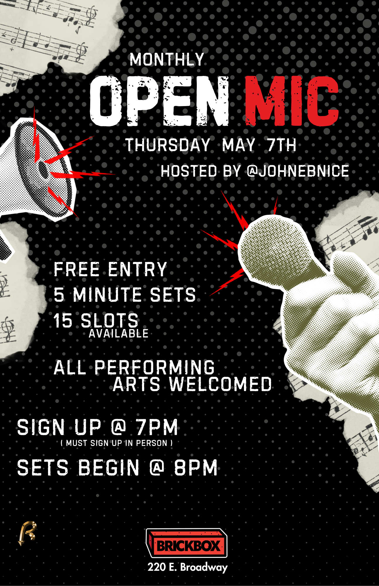 5/7 @ 7pm sign ups, 8pm sets start: Open Mic