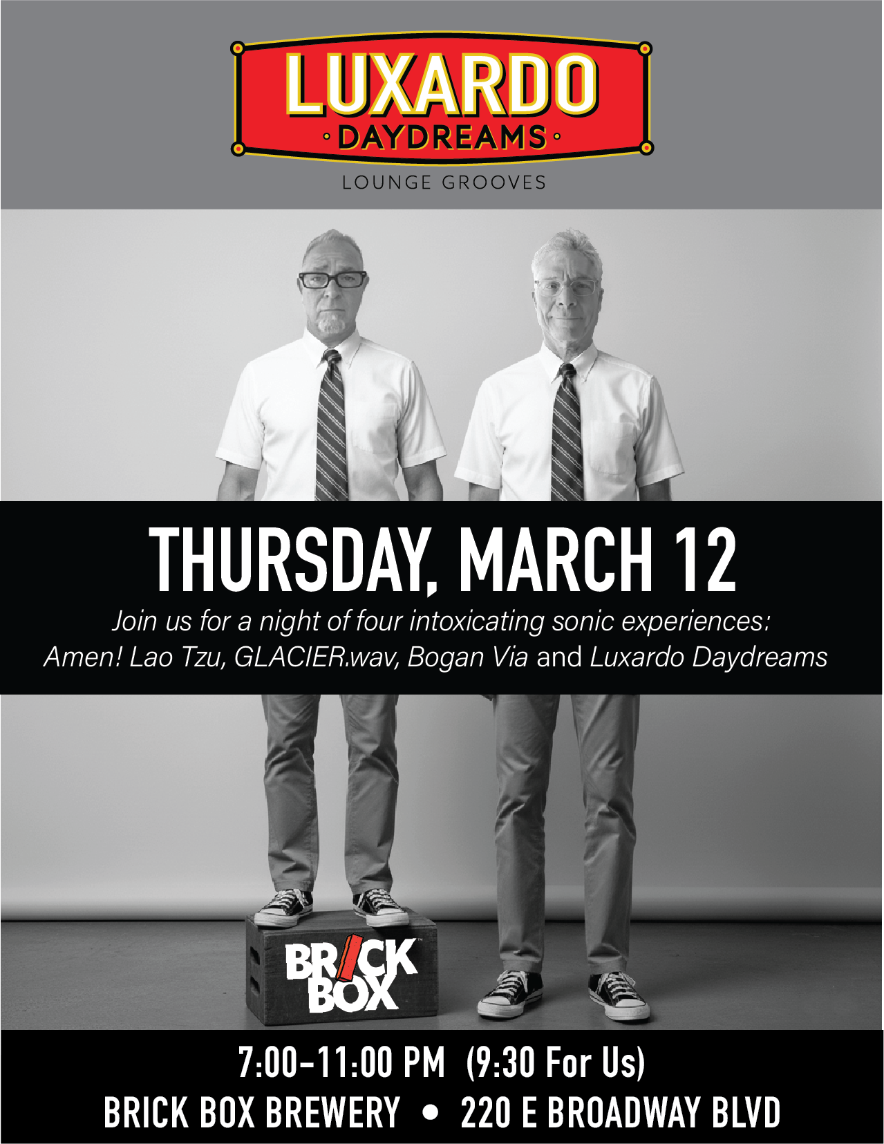 3/12 @ 8pm: Amen! Lao Tzu, GLACIER.wav, Bogan Via and Luxardo Daydreams (Electronic Grooves)