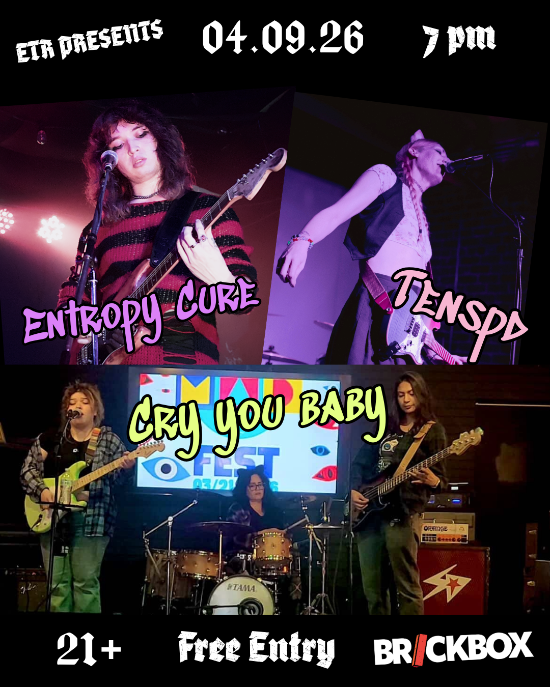 Thu 4/9 · 8PM • Entropy Cure, Tenspd, Cry you Baby (Alt/Emo Rock)