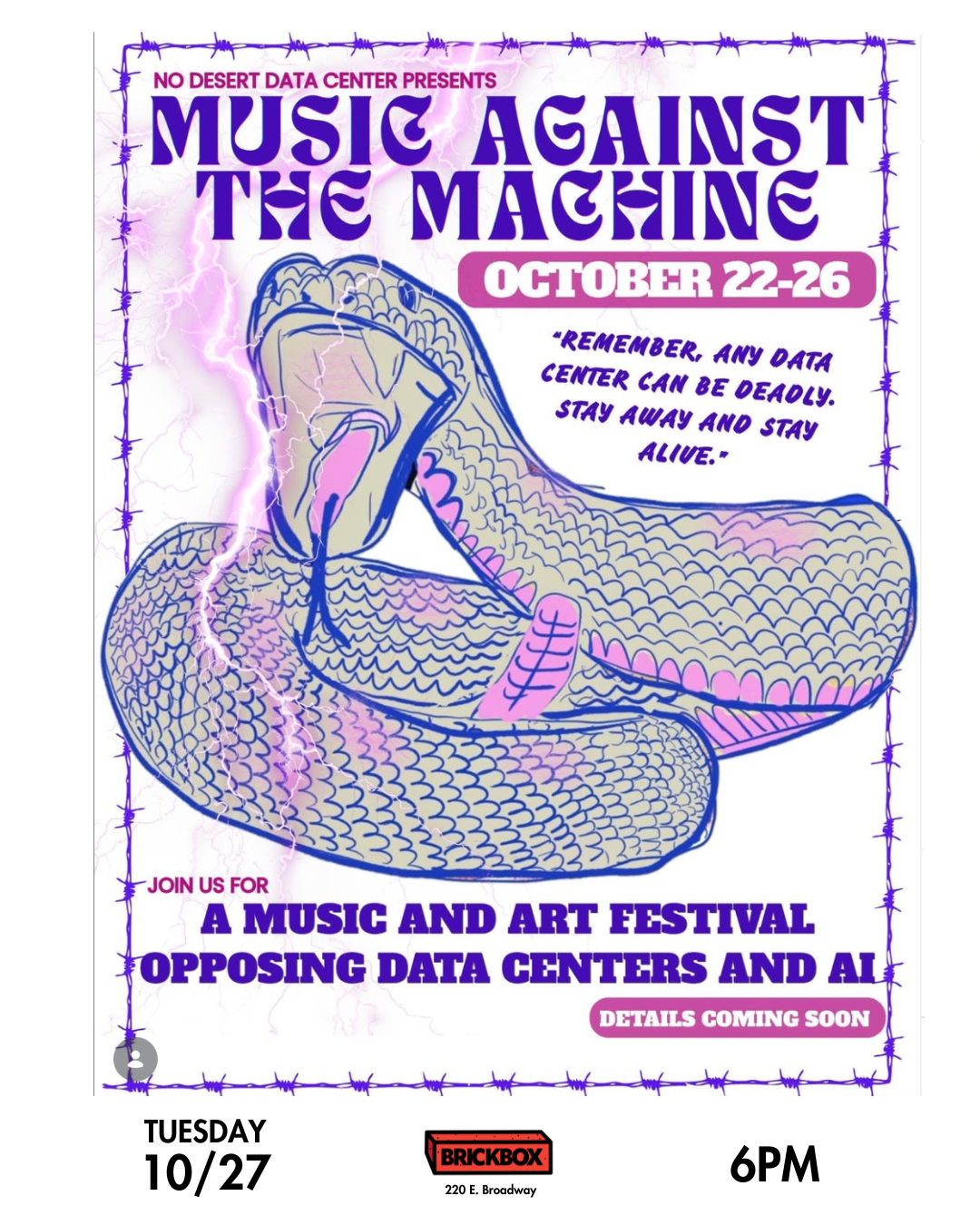 TUESDAY! 10/27 @ 6pm:  No Desert Data Center Coalition music fest