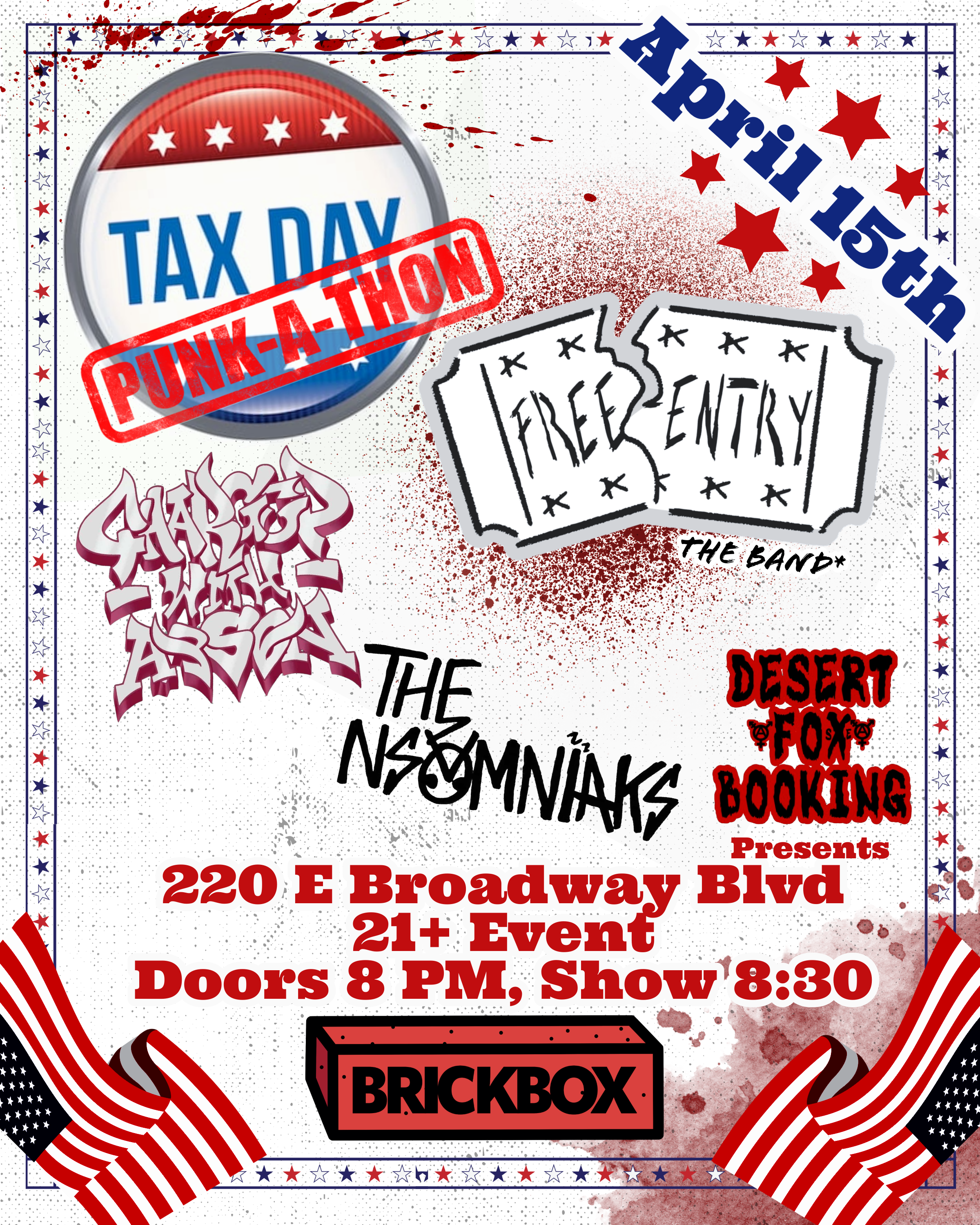 Wed 4/15 · 8PM • Punk-a-thon Free Entry, Charged With Arson, The Insomniaks (Punk)