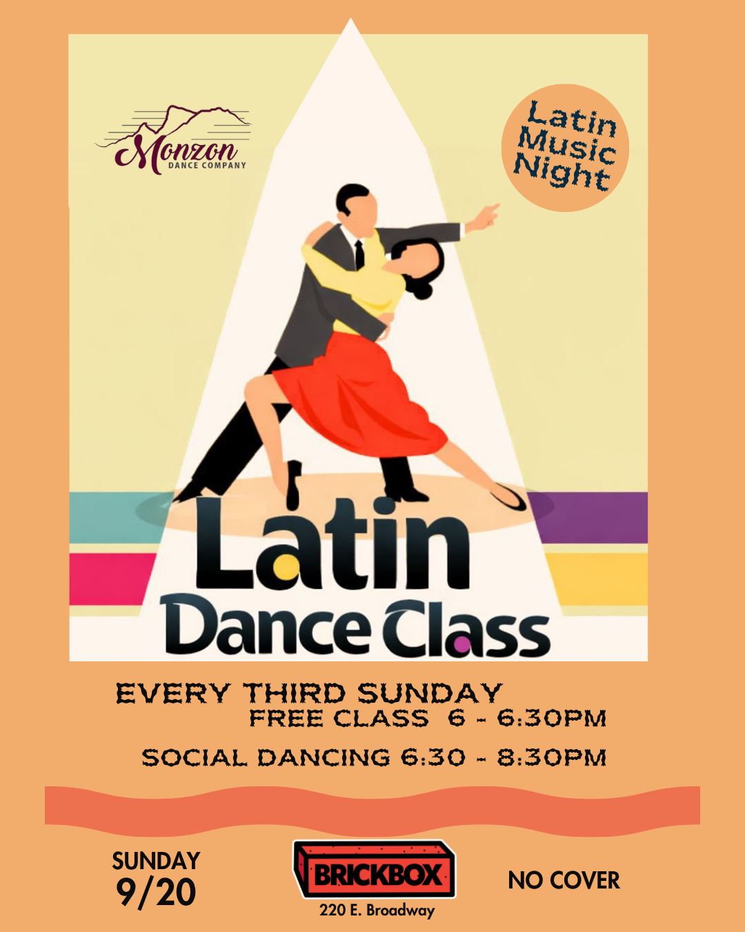9/20 @ 6pm: Monzon Dance Co.: Free Dance Lessons and Latin Dance night (Every Third Sunday)