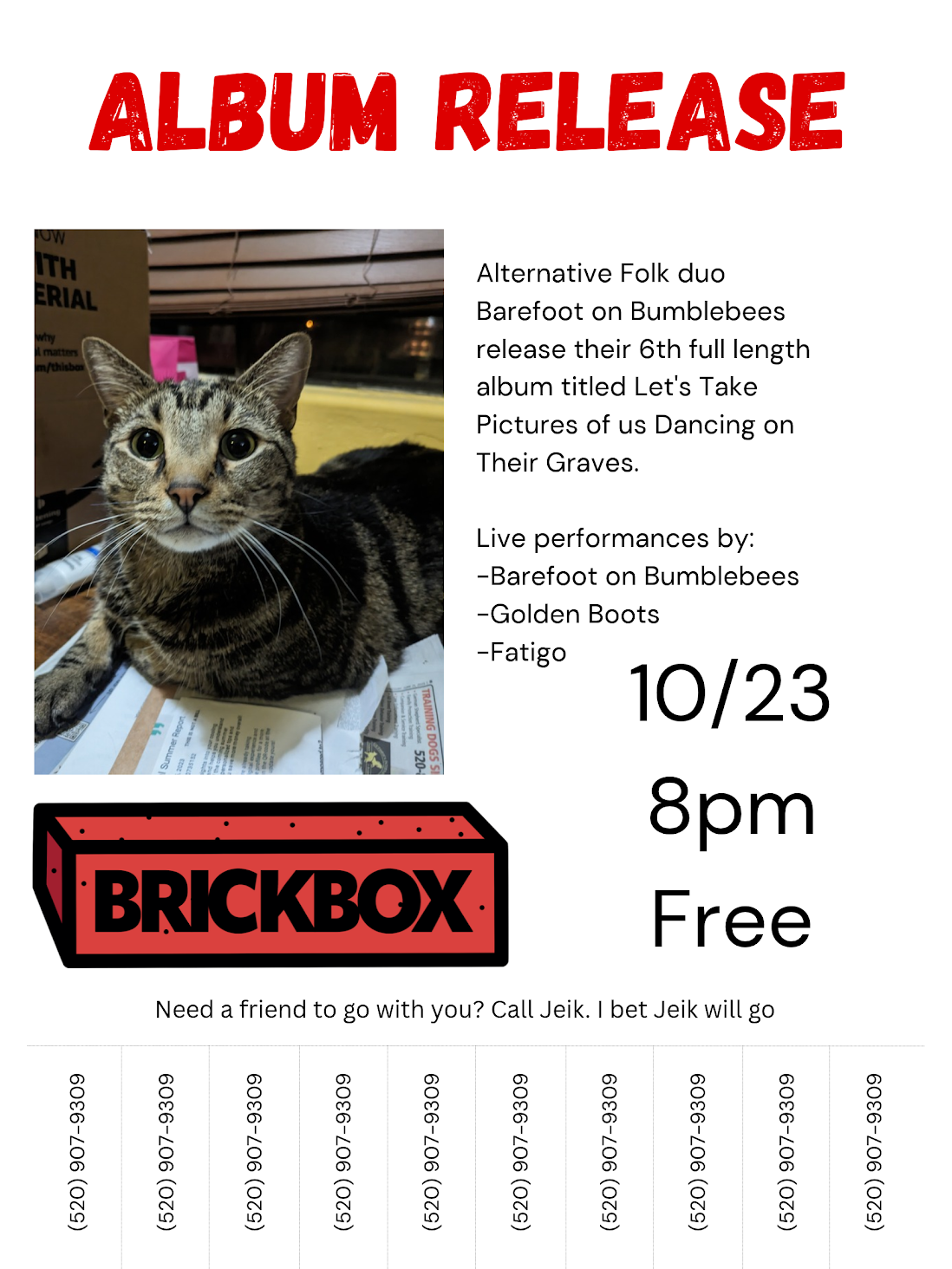 10/23 @ 8pm: Barefoot on Bumblebees (Indy folk) Album release