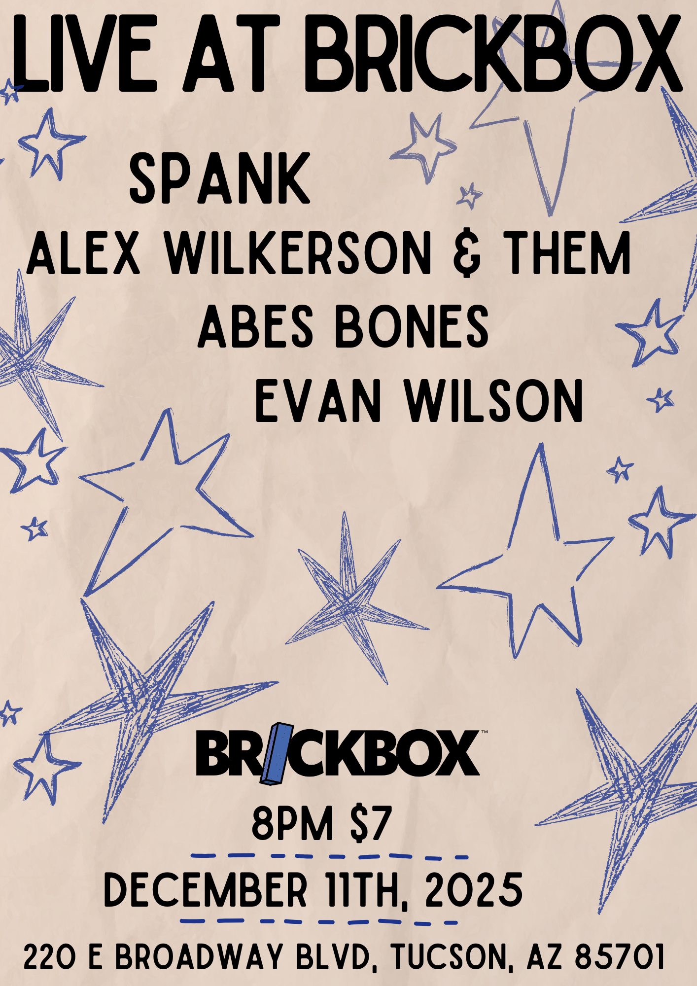 12/11 @ 8pm: SPANK, ALEX WILKERSON & THEM, ABES BONES, EVAN WILSON